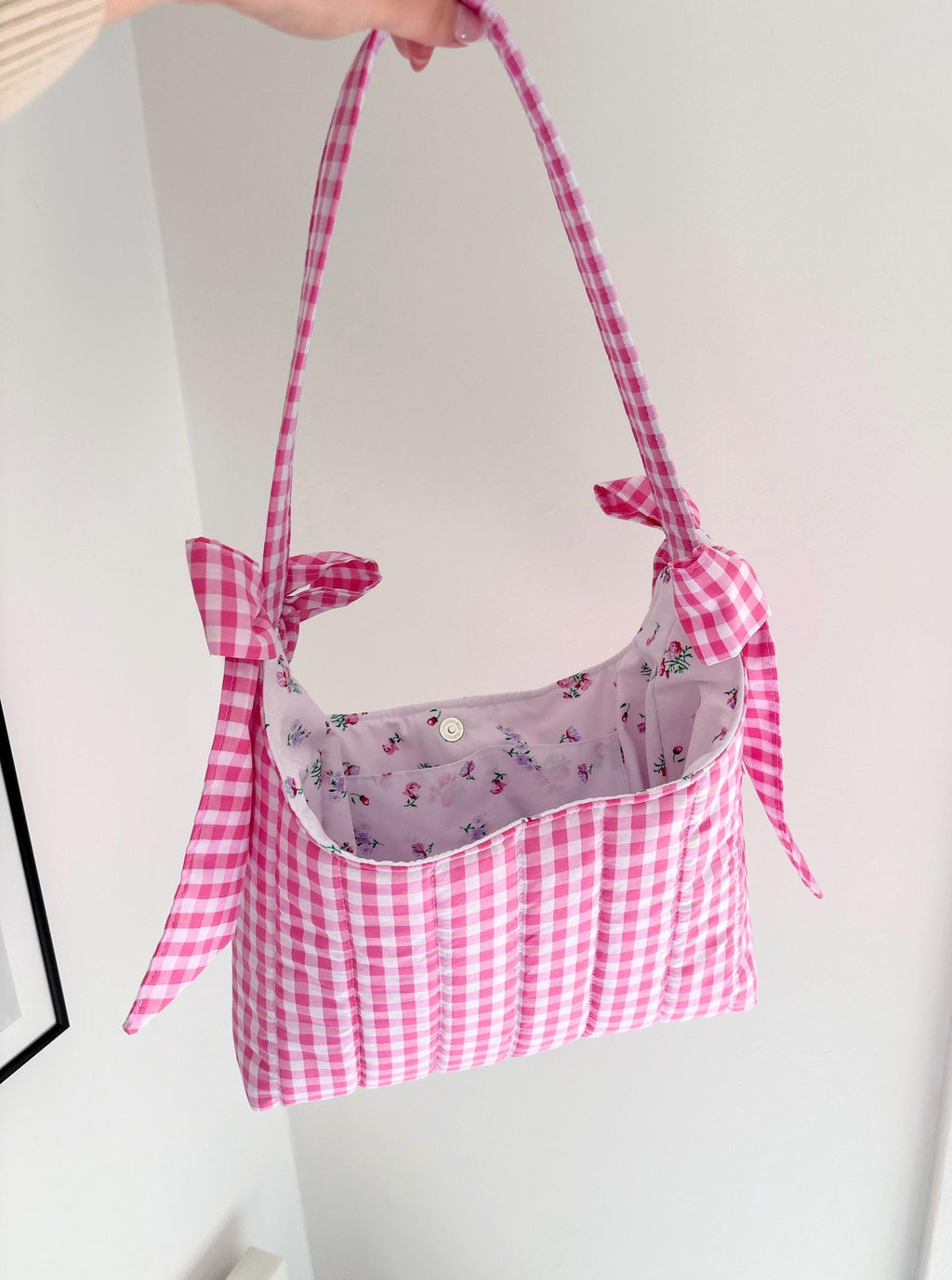 Candy pink gingham floral mini bow shoulder bag