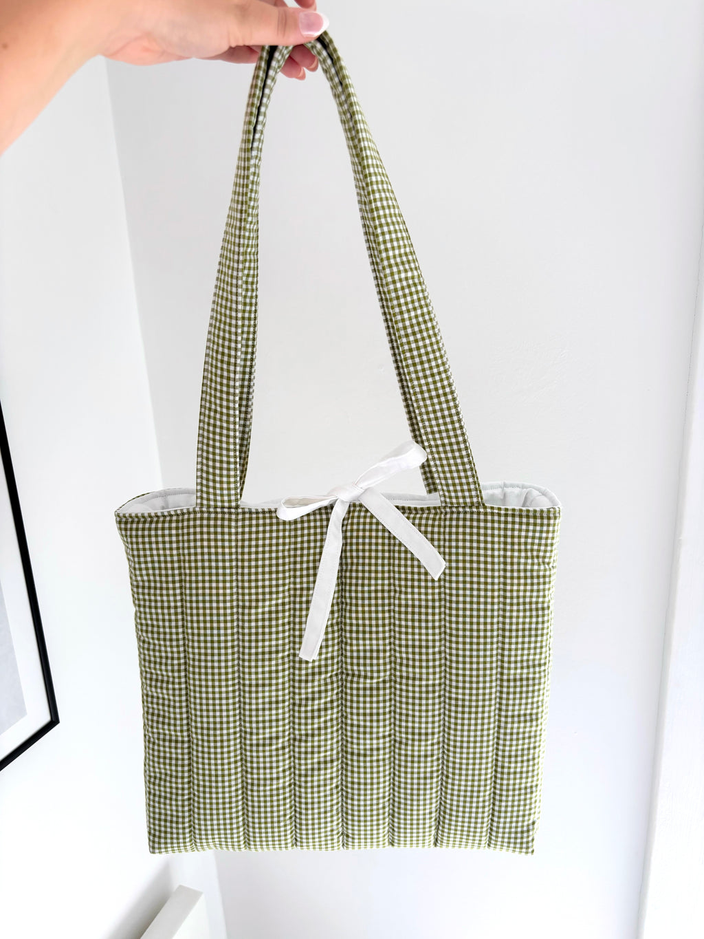 Green gingham quilted tote bag