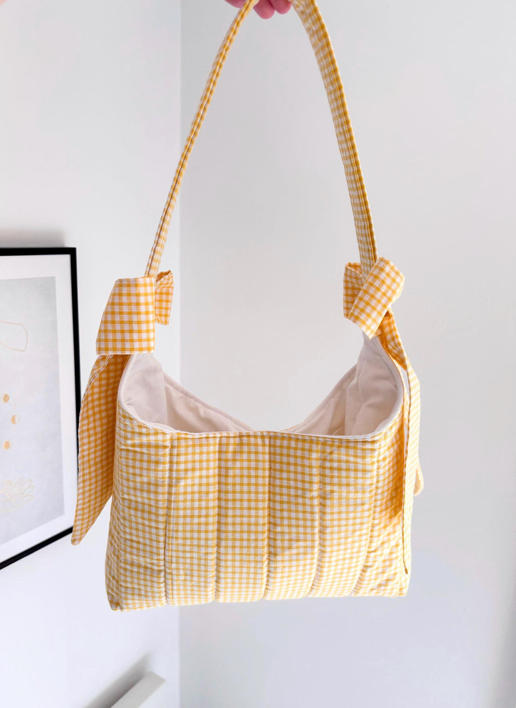 Yellow gingham mini bow shoulder bag