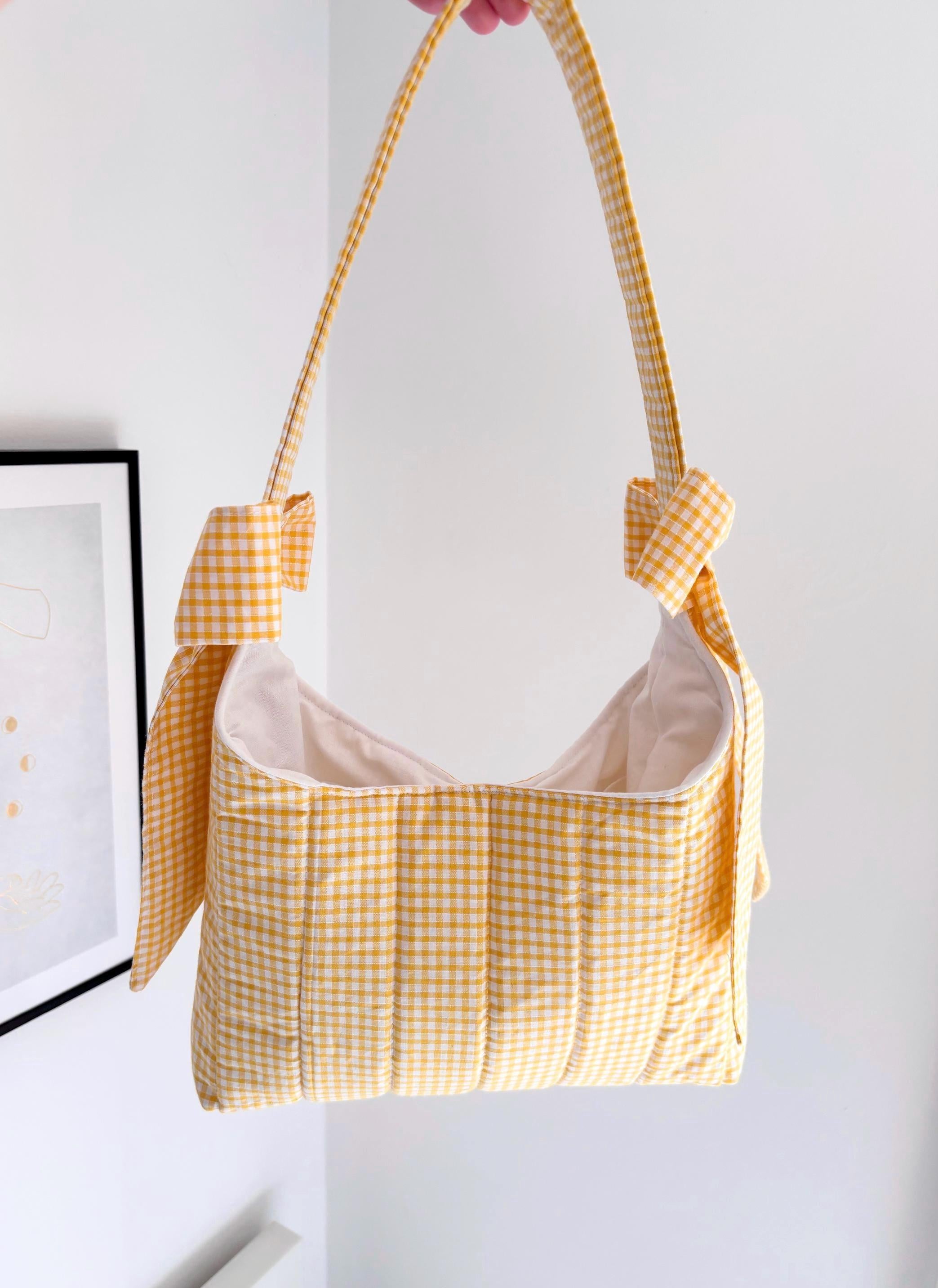 Yellow gingham mini bow shoulder bag