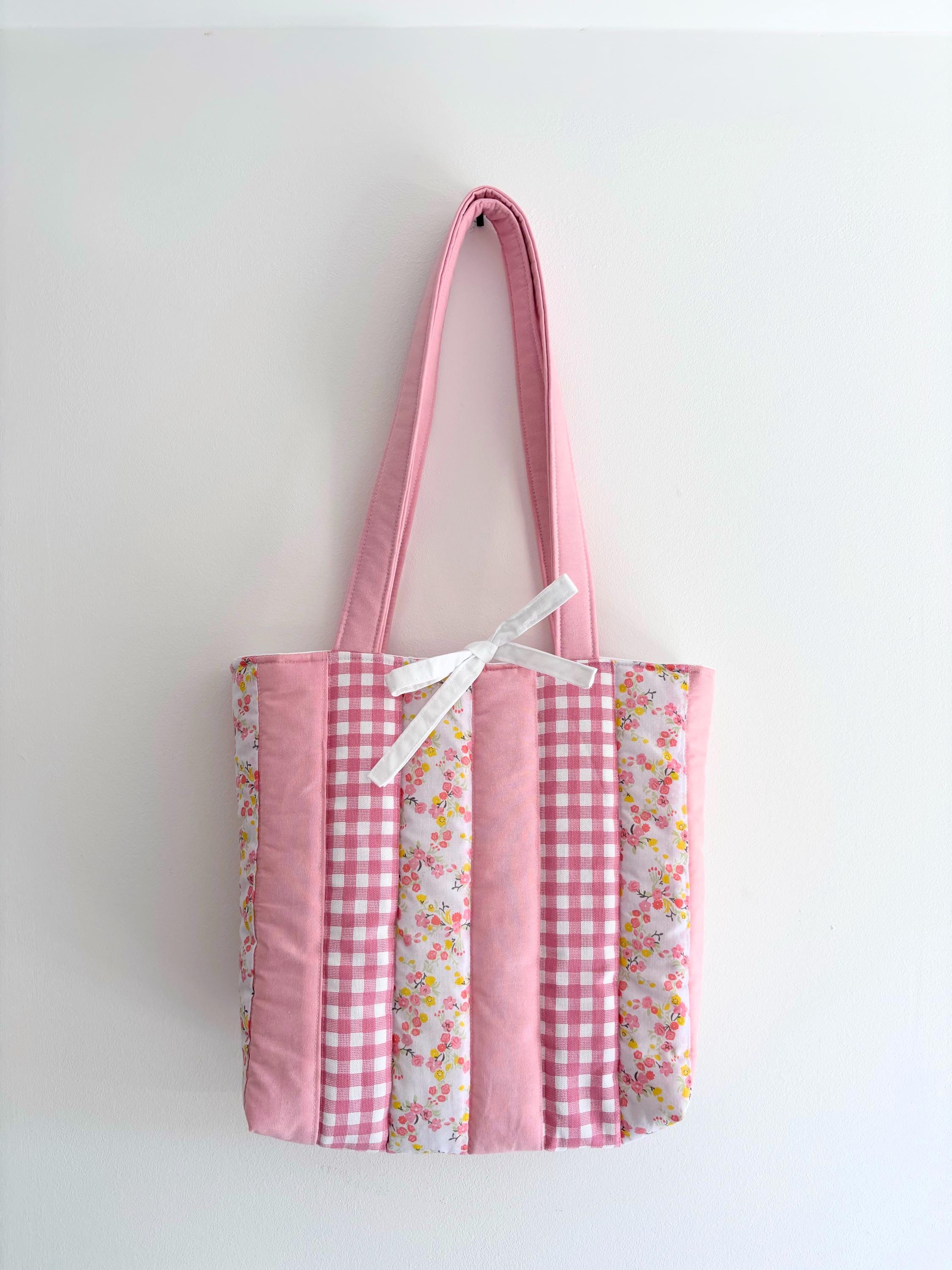 Pink patchwork quilted tote bag