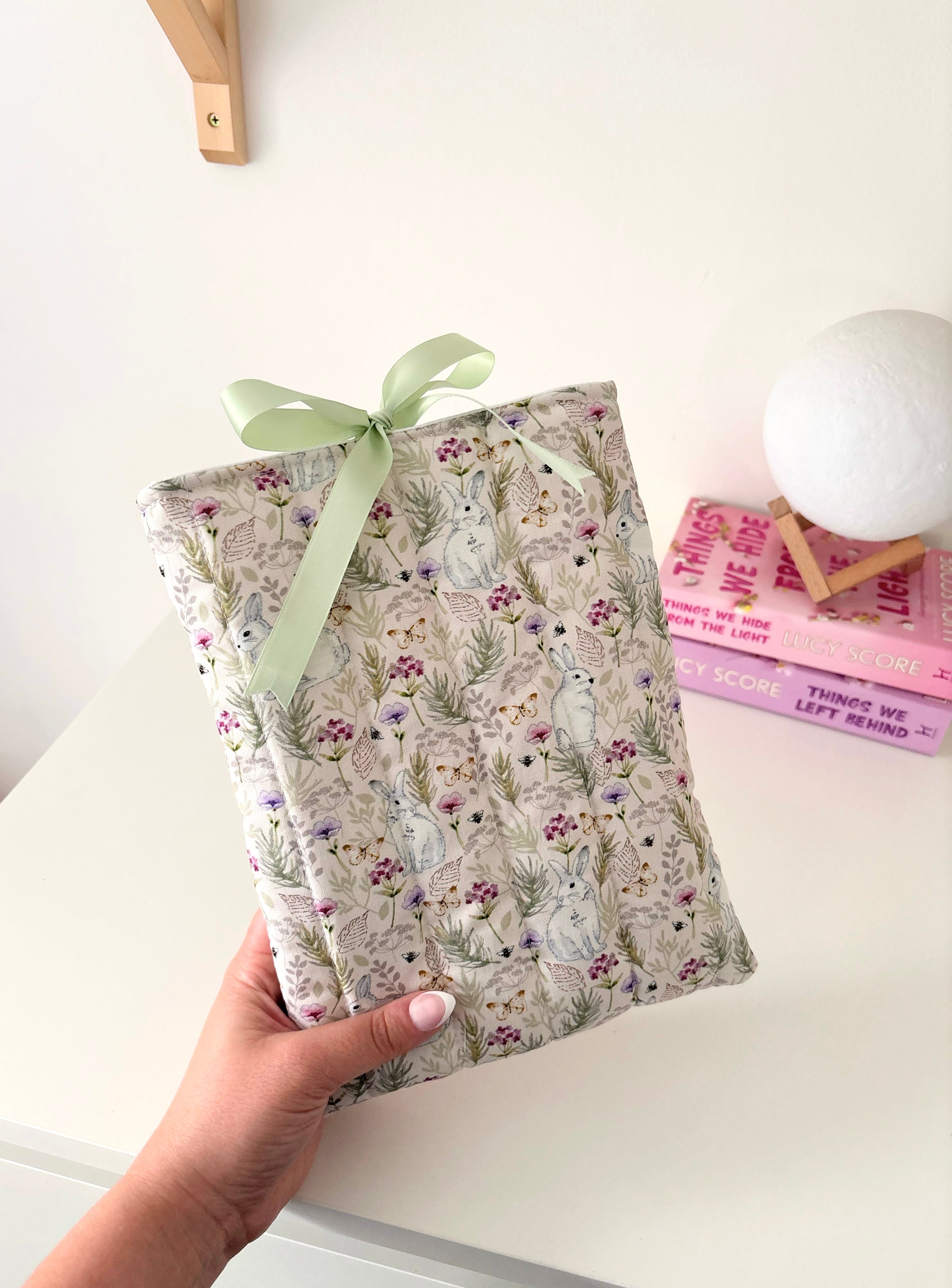 Floral bunny quilted book sleeve