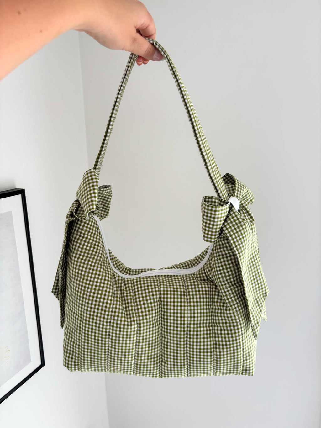 Green gingham quilted bow shoulder bag