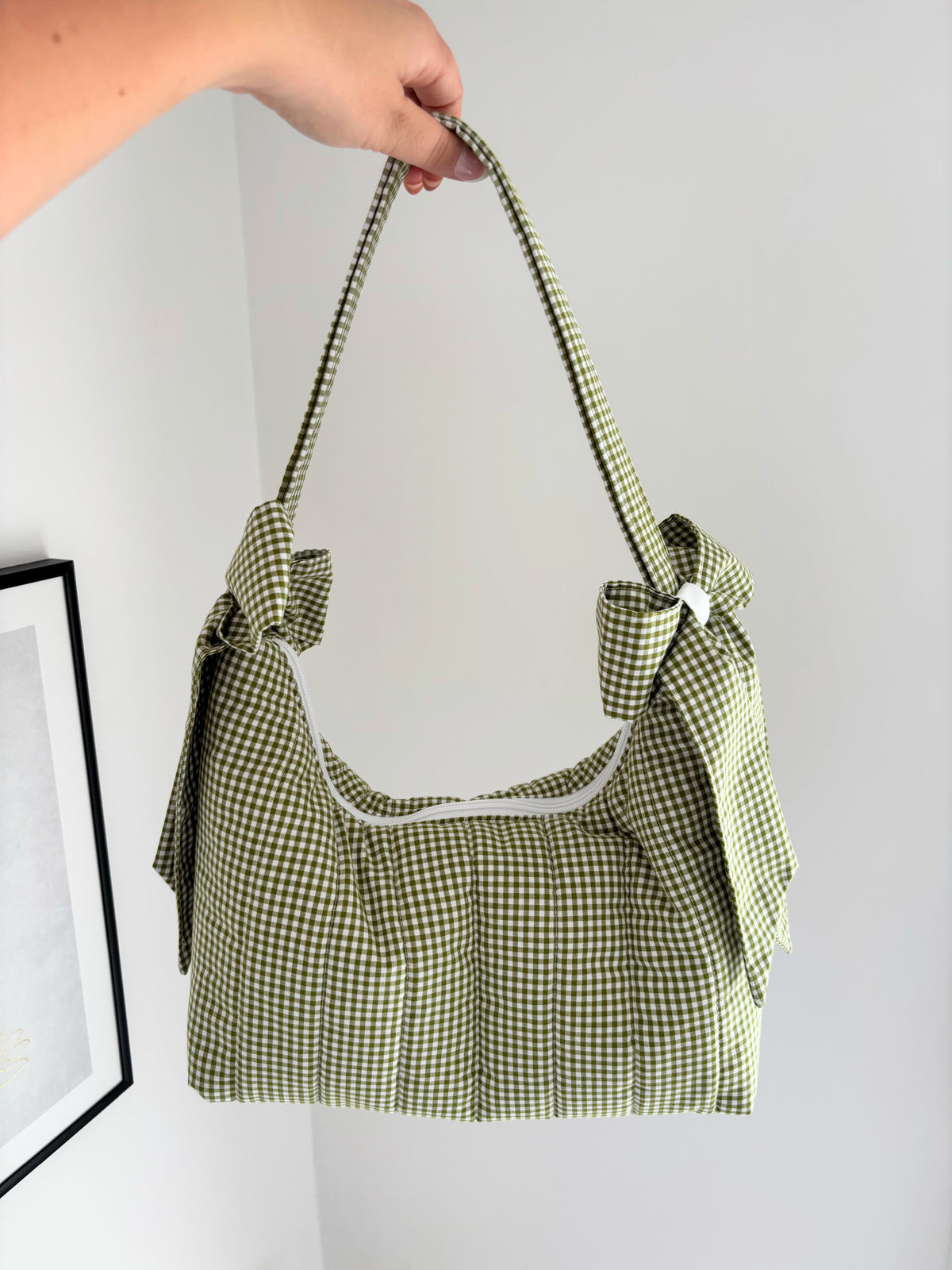 Green gingham quilted bow shoulder bag
