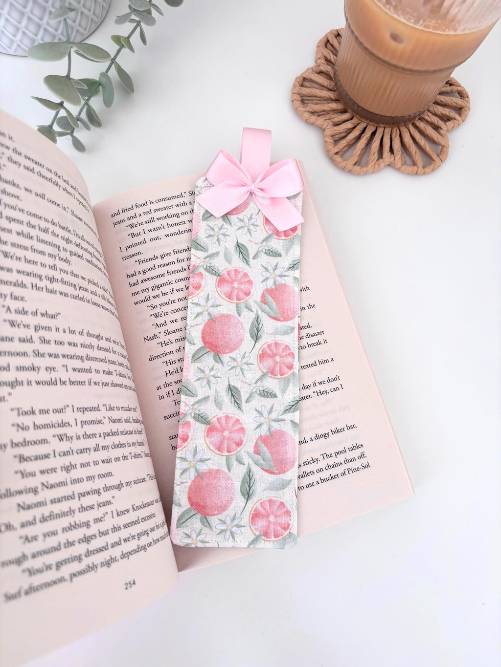 Citrus / pink polka dot fabric bookmark