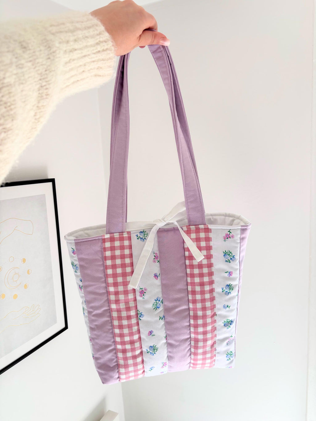 Lilac patchwork quilted tote bag