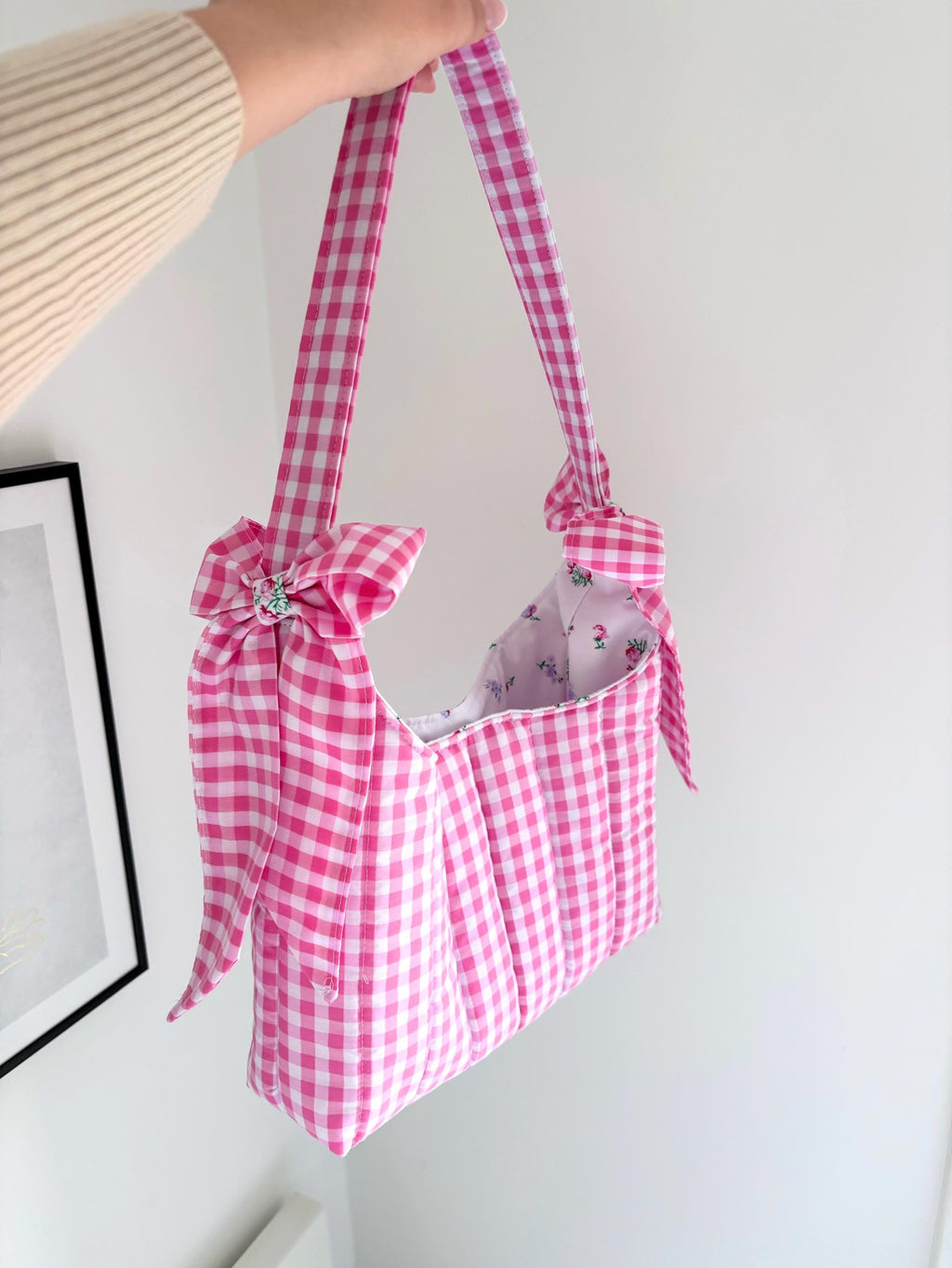 Candy pink gingham floral mini bow shoulder bag