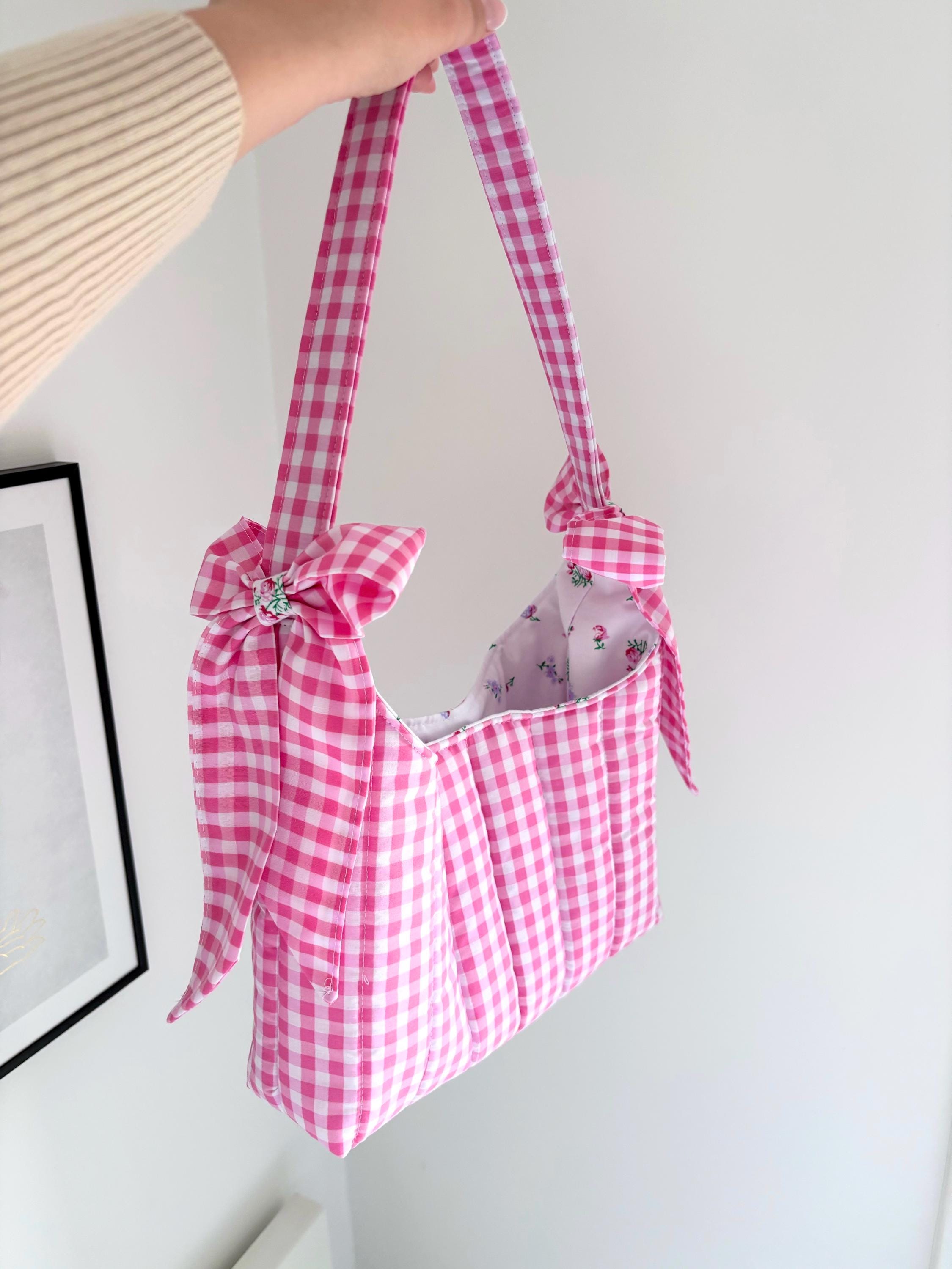 Candy pink gingham floral mini bow shoulder bag