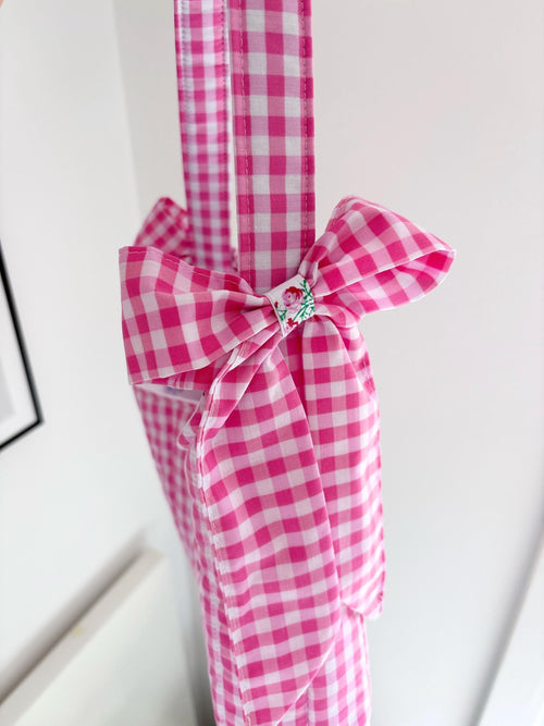 Candy pink gingham floral mini bow shoulder bag