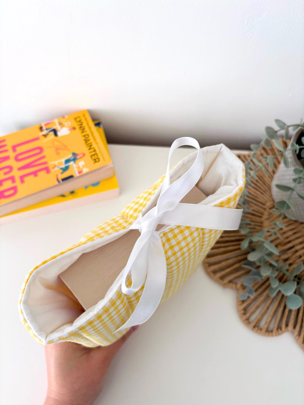 Yellow gingham quilted book sleeve