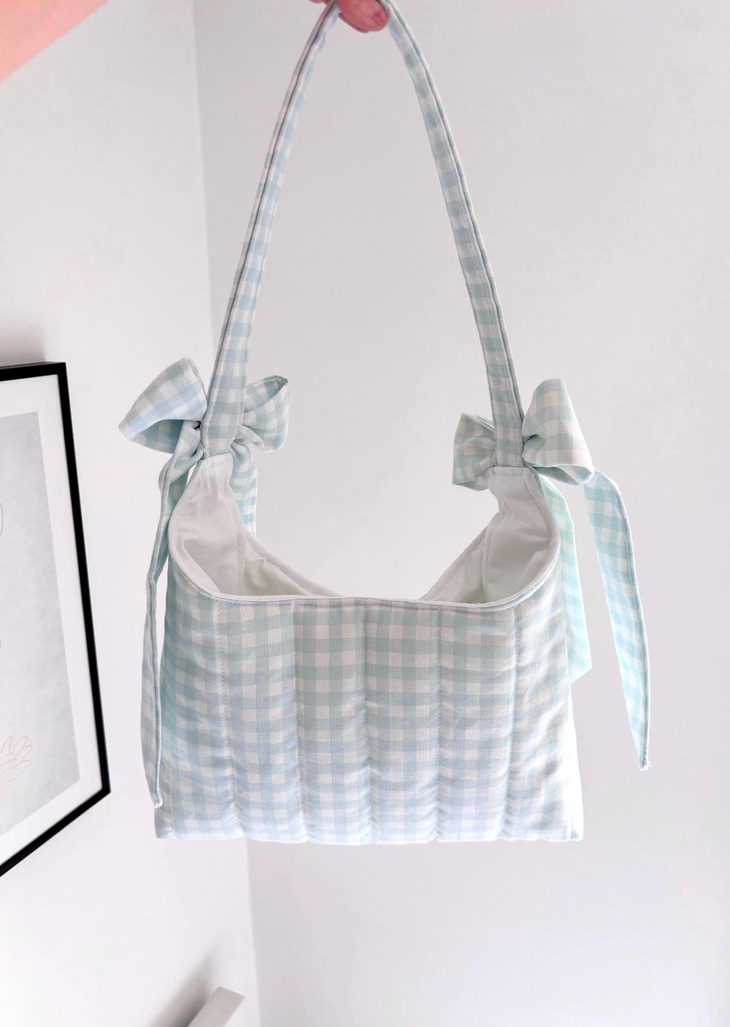 Pastel blue gingham mini bow shoulder bag