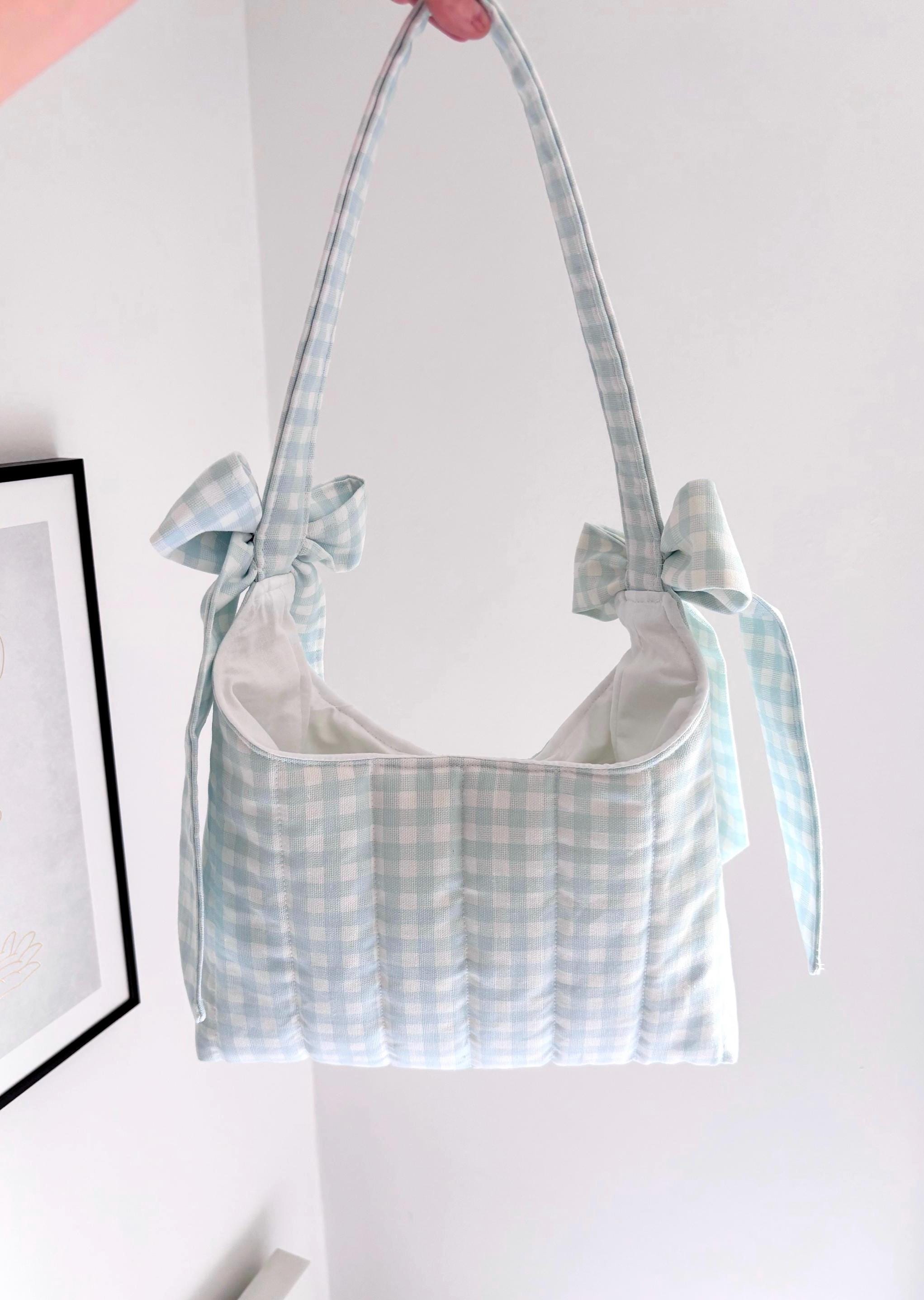 Pastel blue gingham mini bow shoulder bag