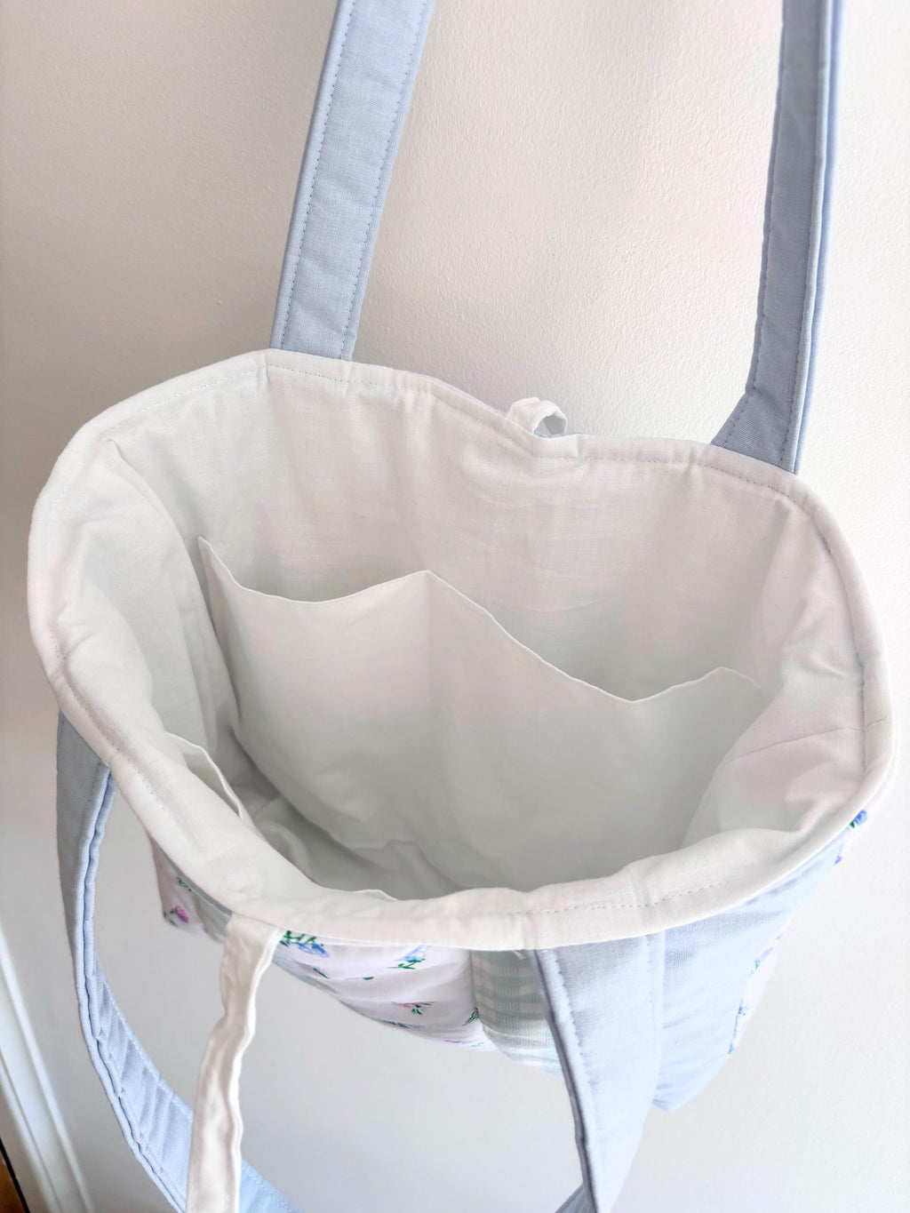 Pastel blue patchwork quilted tote bag
