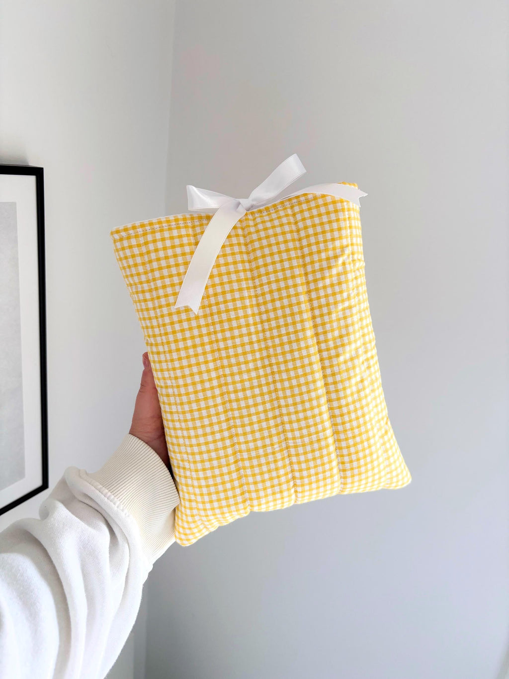 Yellow gingham quilted book sleeve