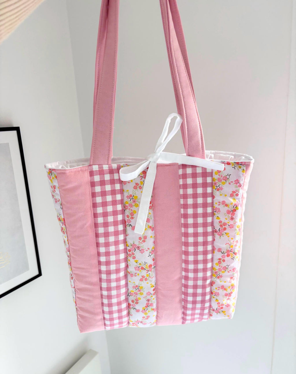 Pink patchwork quilted tote bag