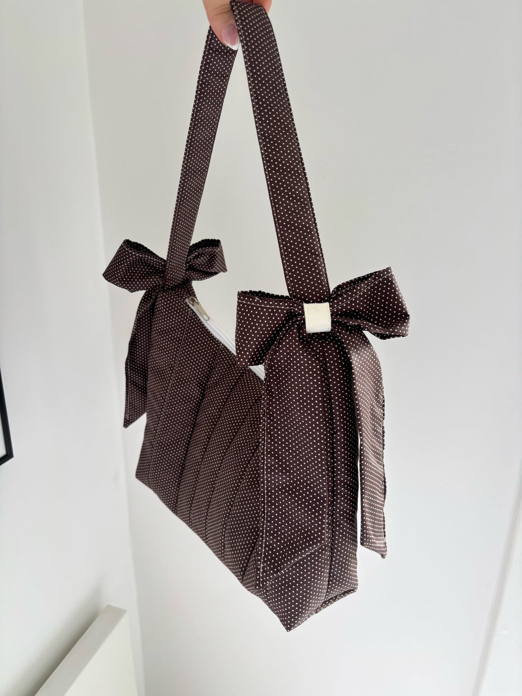 Brown mini polka dot bow shoulder bag