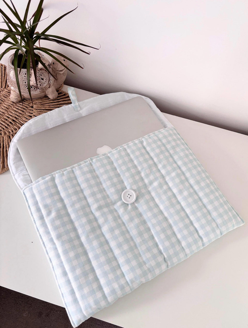 13” pastel blue gingham quilted laptop sleeve