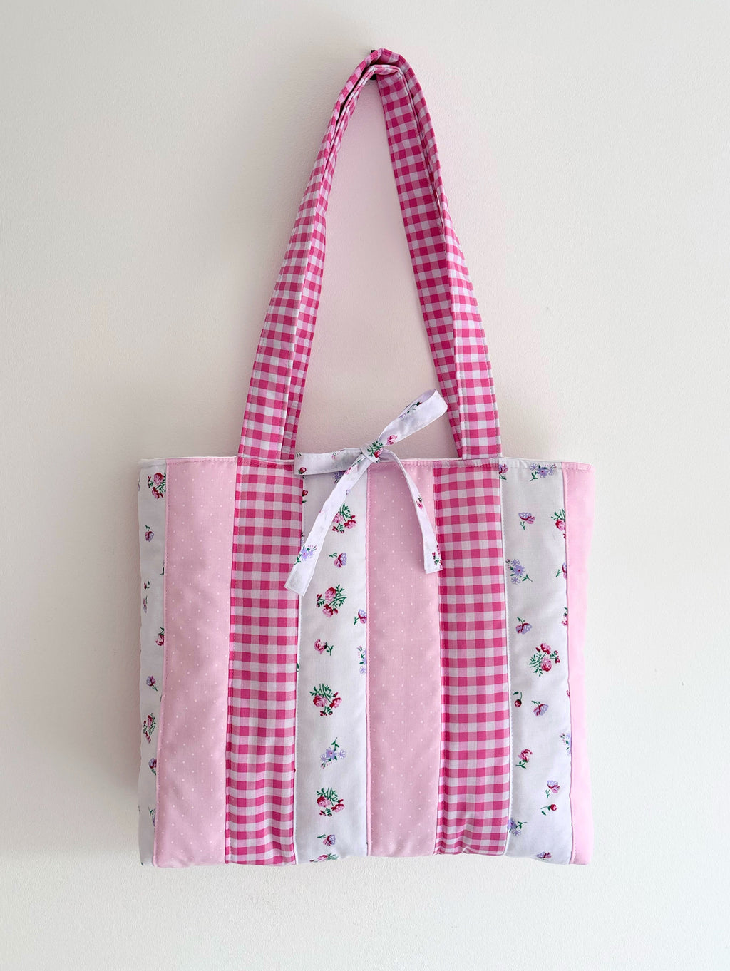 Candy pink patchwork tote bag