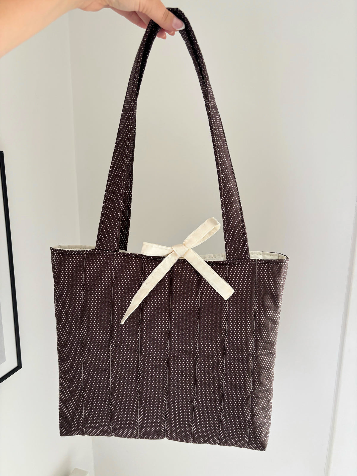 Brown mini polka dot quilted tote bag