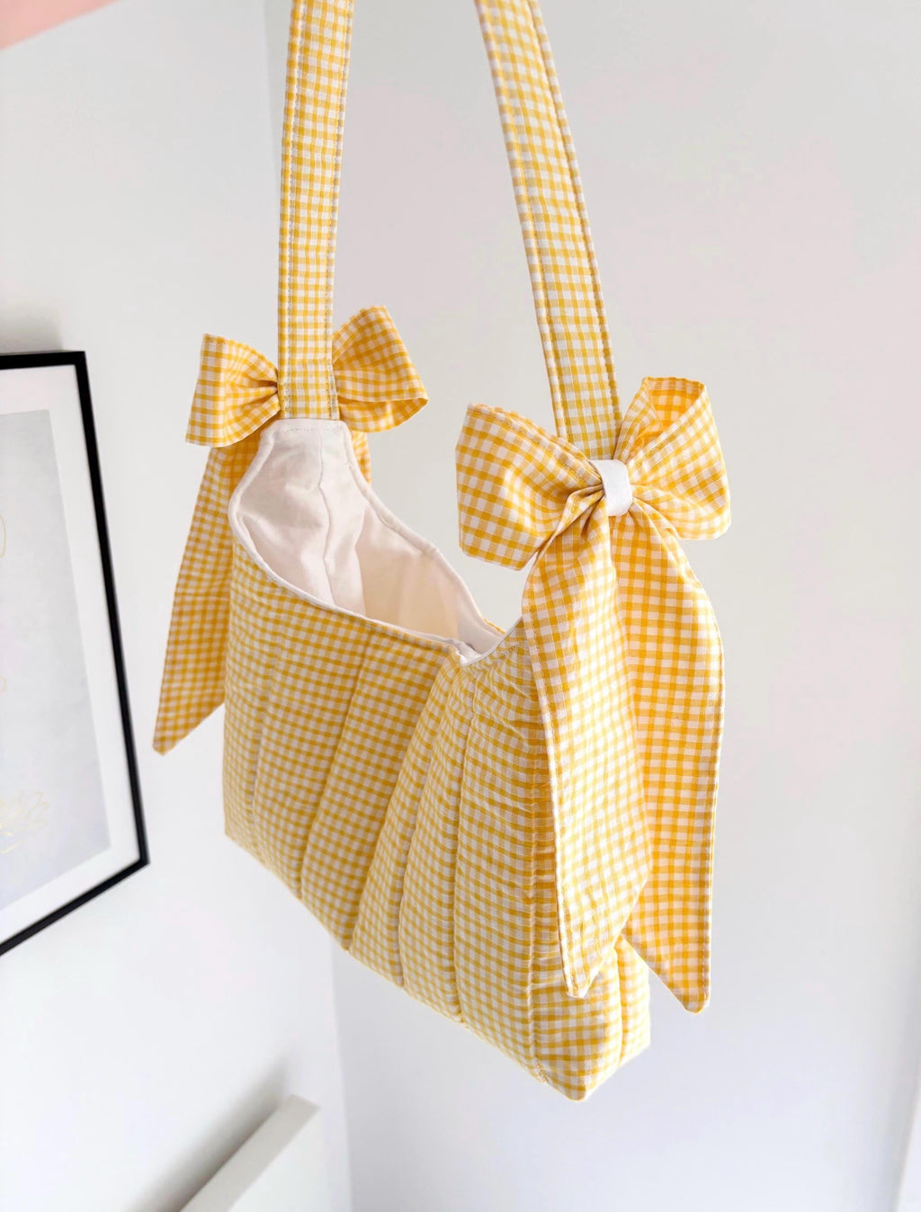Yellow gingham mini bow shoulder bag