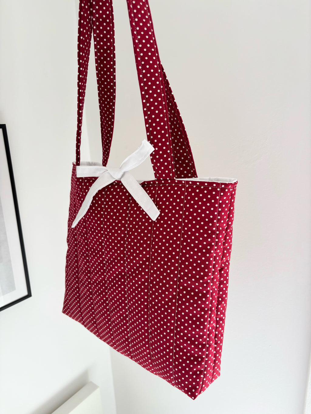 Red polka dot quilted tote bag