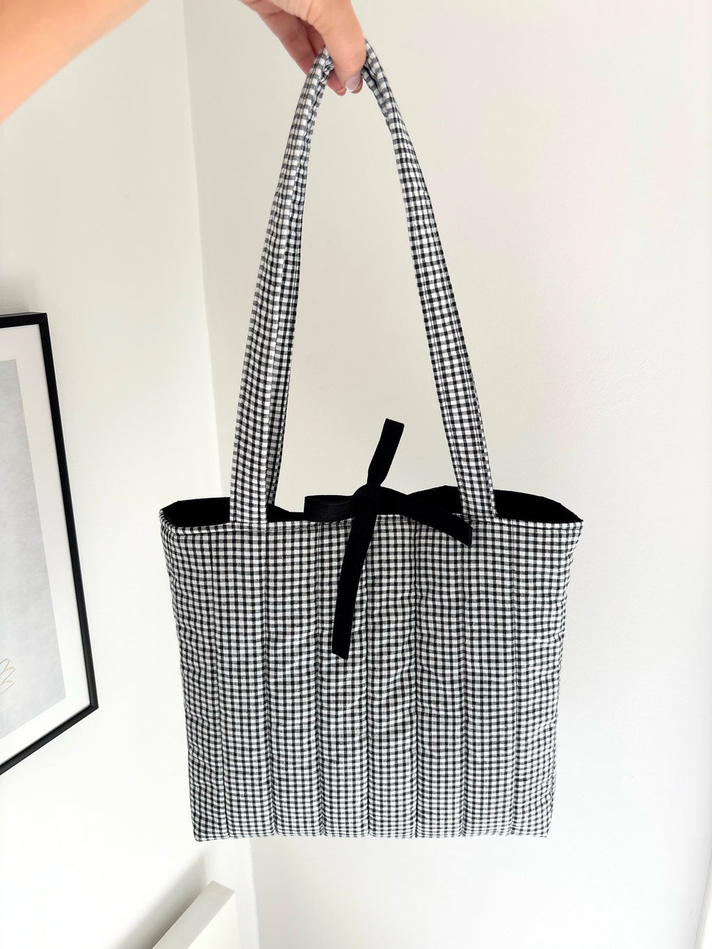 Black and white gingham quilted tote bag