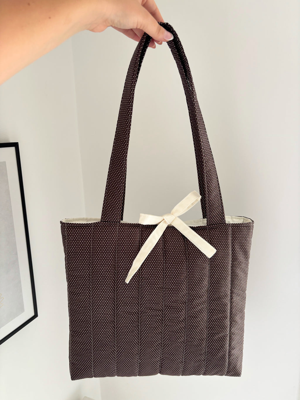 Brown mini polka dot quilted tote bag