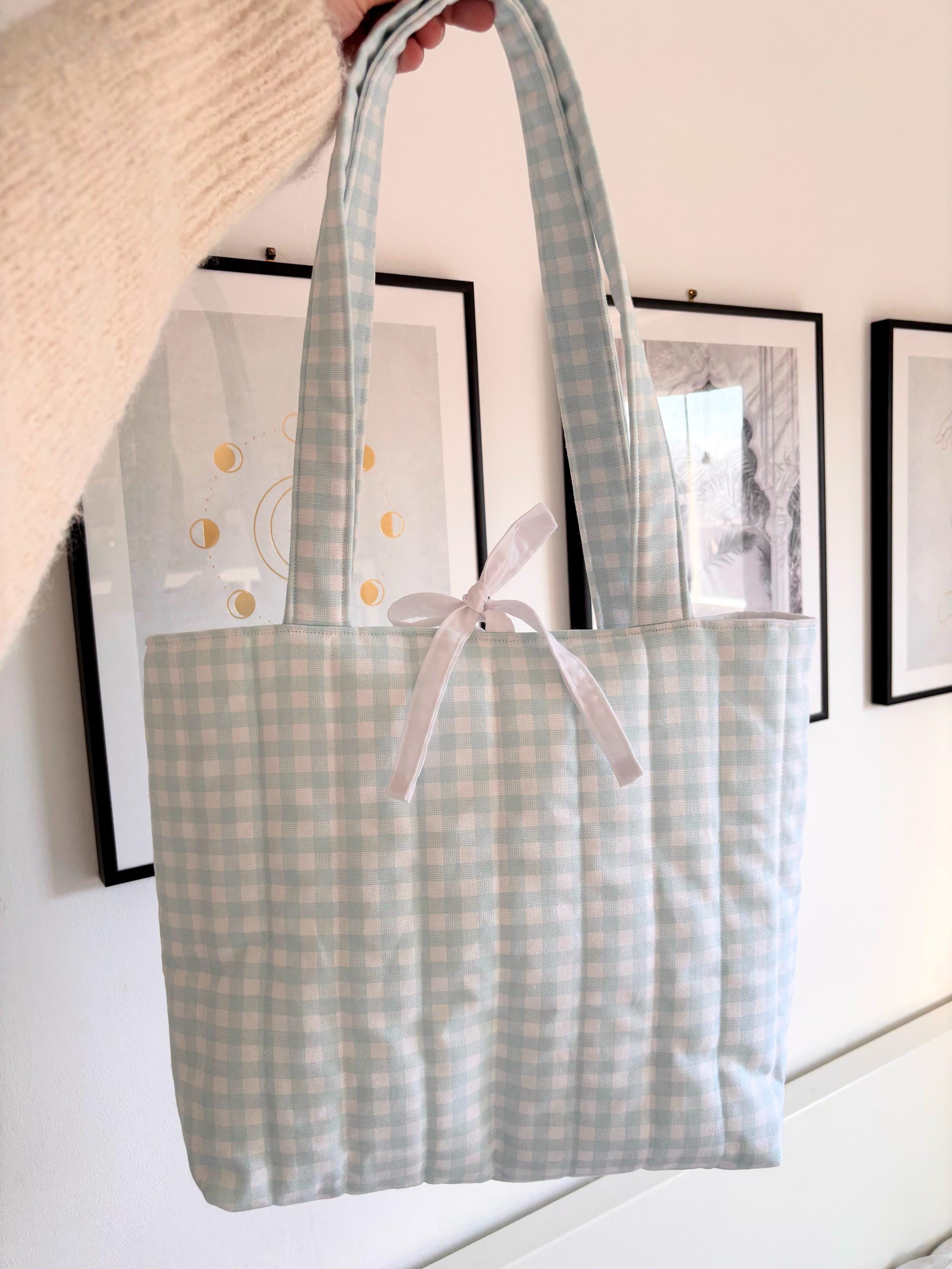 Blue gingham quilted tote bag