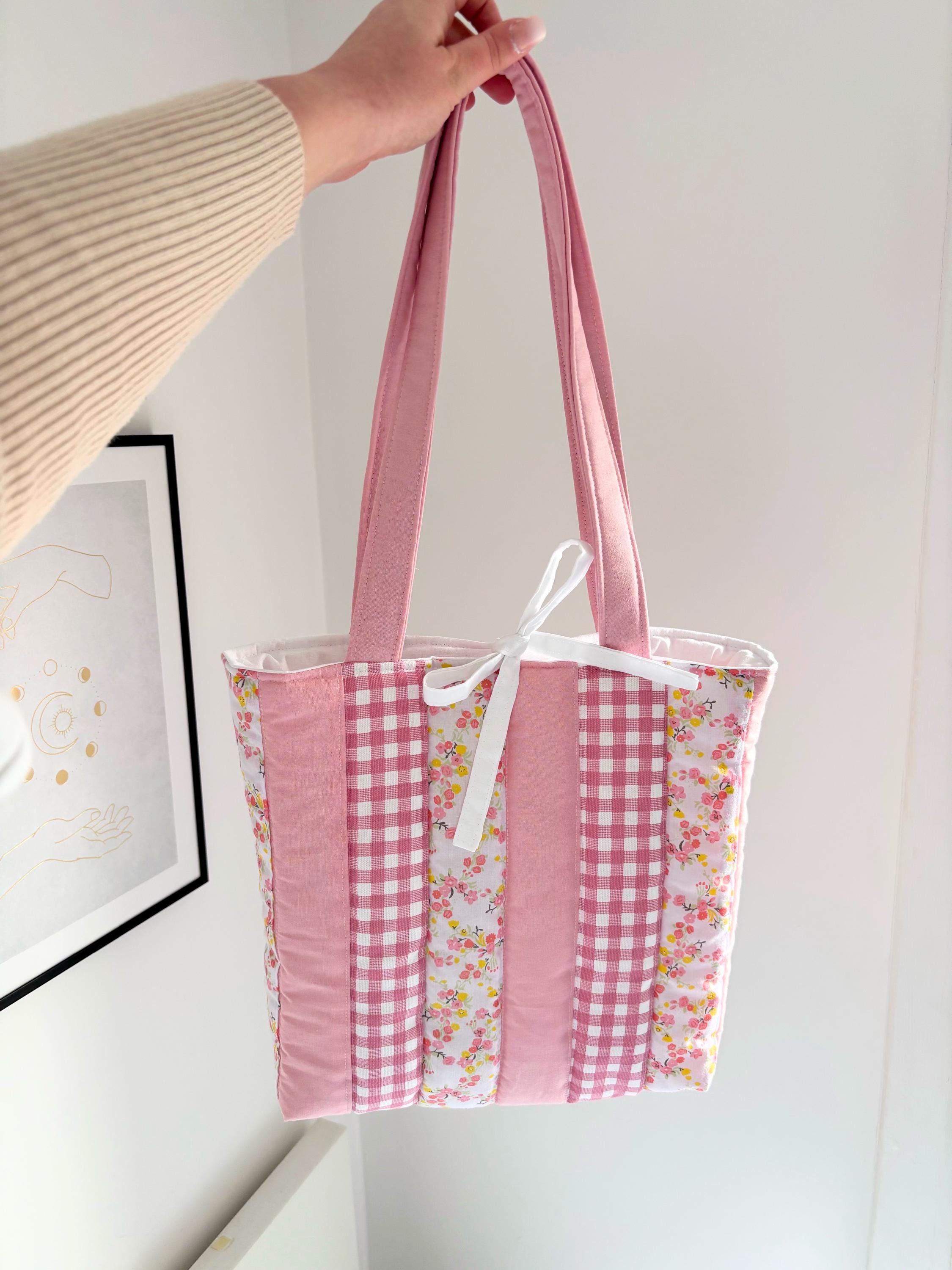 Pink patchwork quilted tote bag