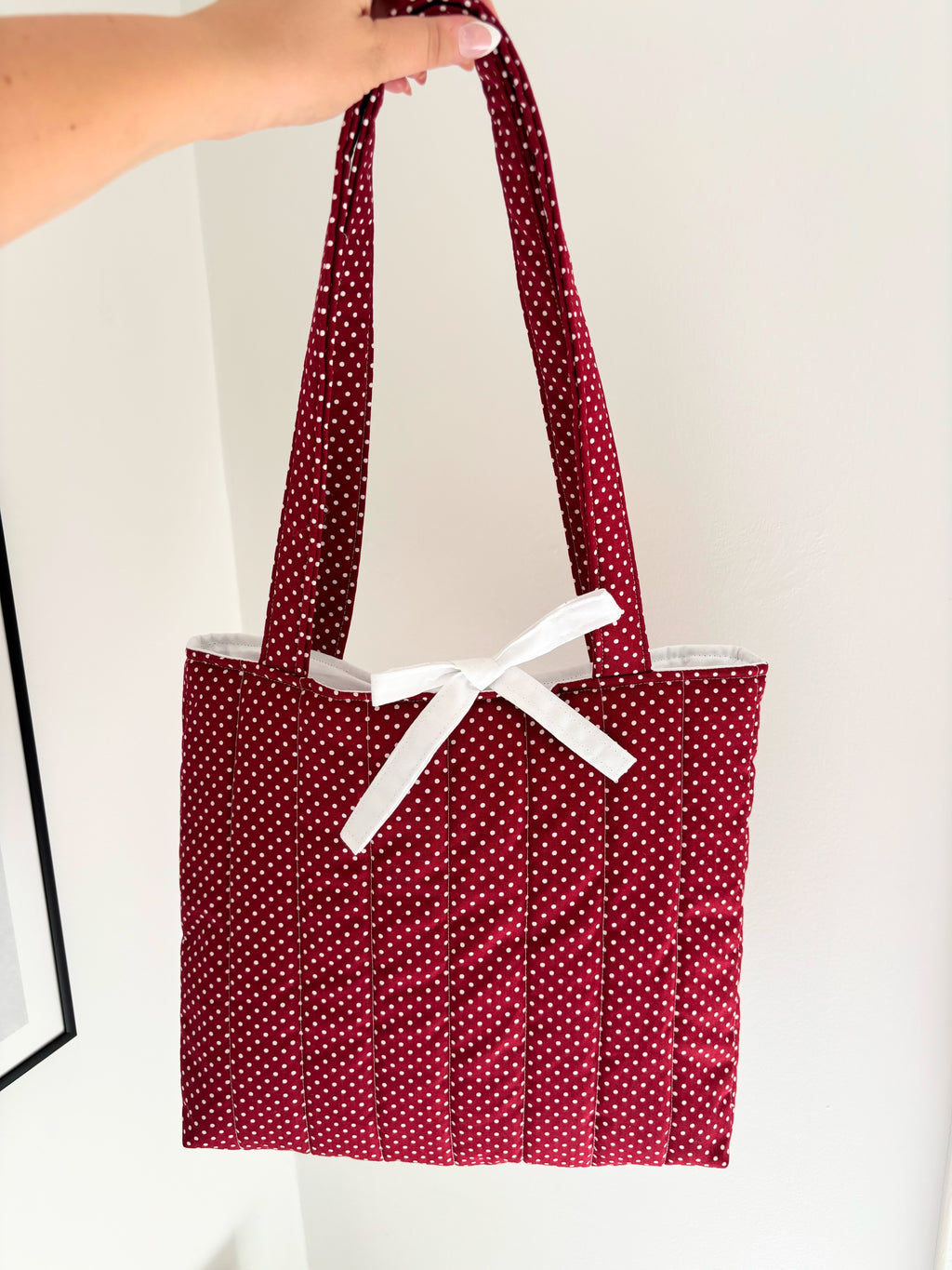 Red polka dot quilted tote bag