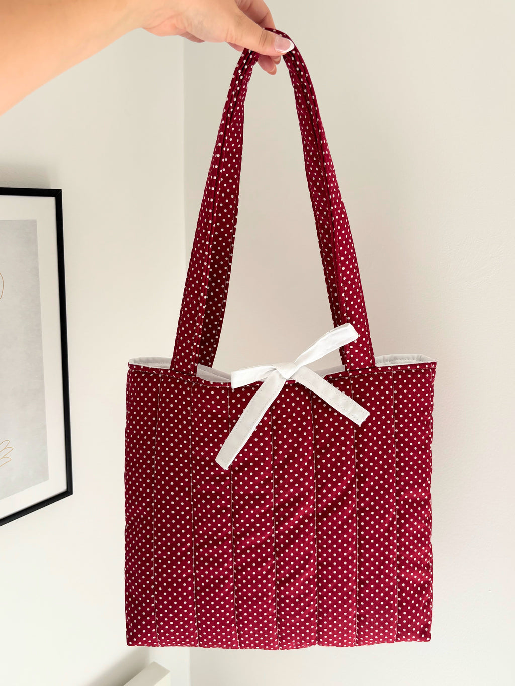Red polka dot quilted tote bag