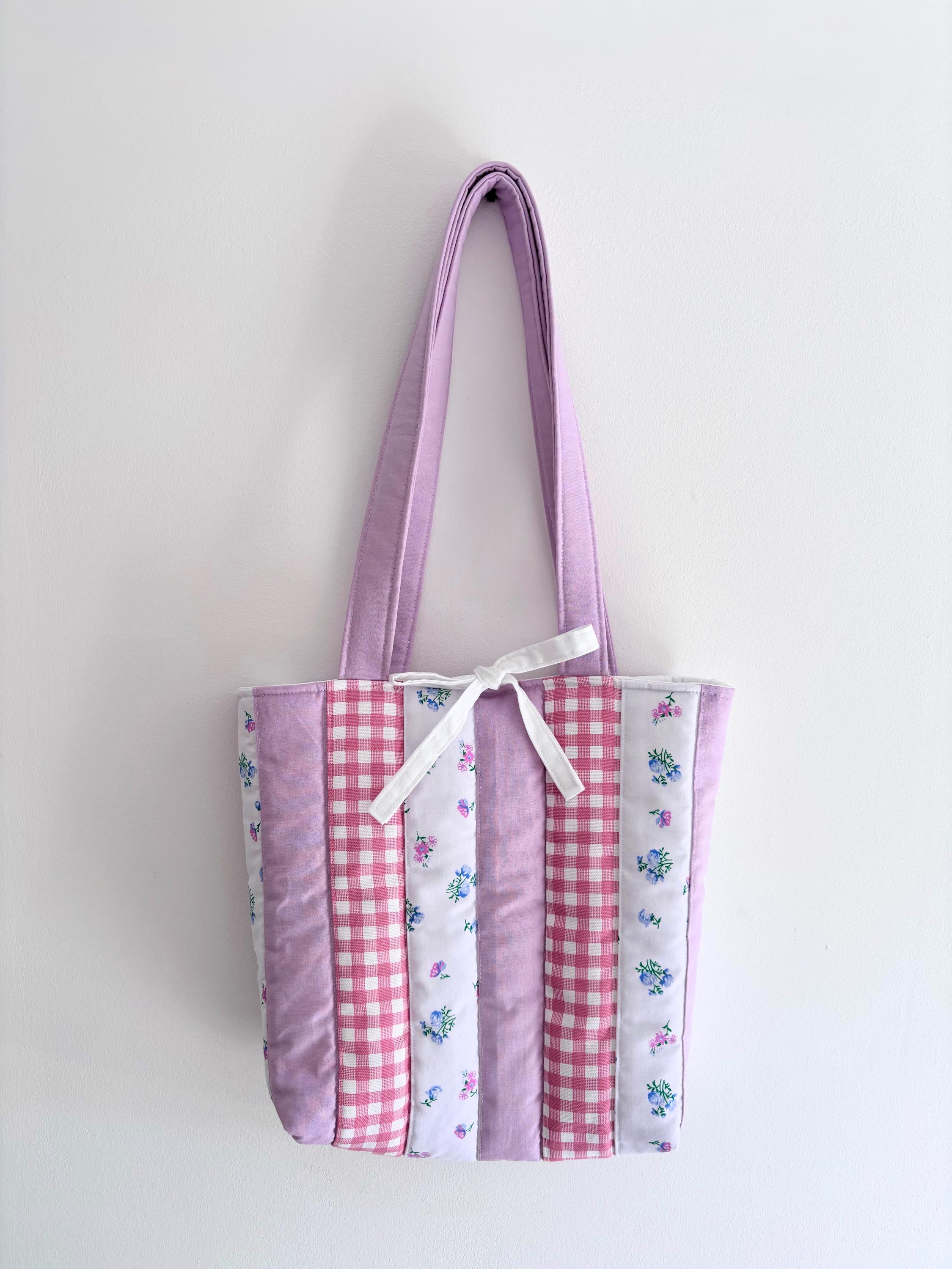 Lilac patchwork quilted tote bag