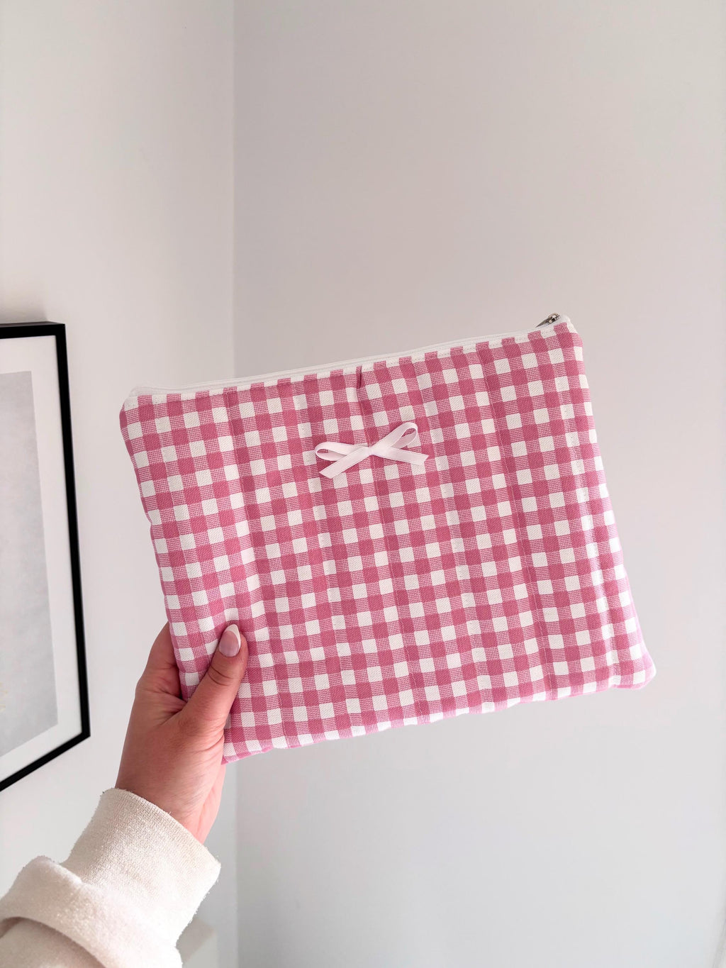 Pink gingham quilted storage pouch