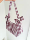 Mauve gingham quilted bow shoulder bag