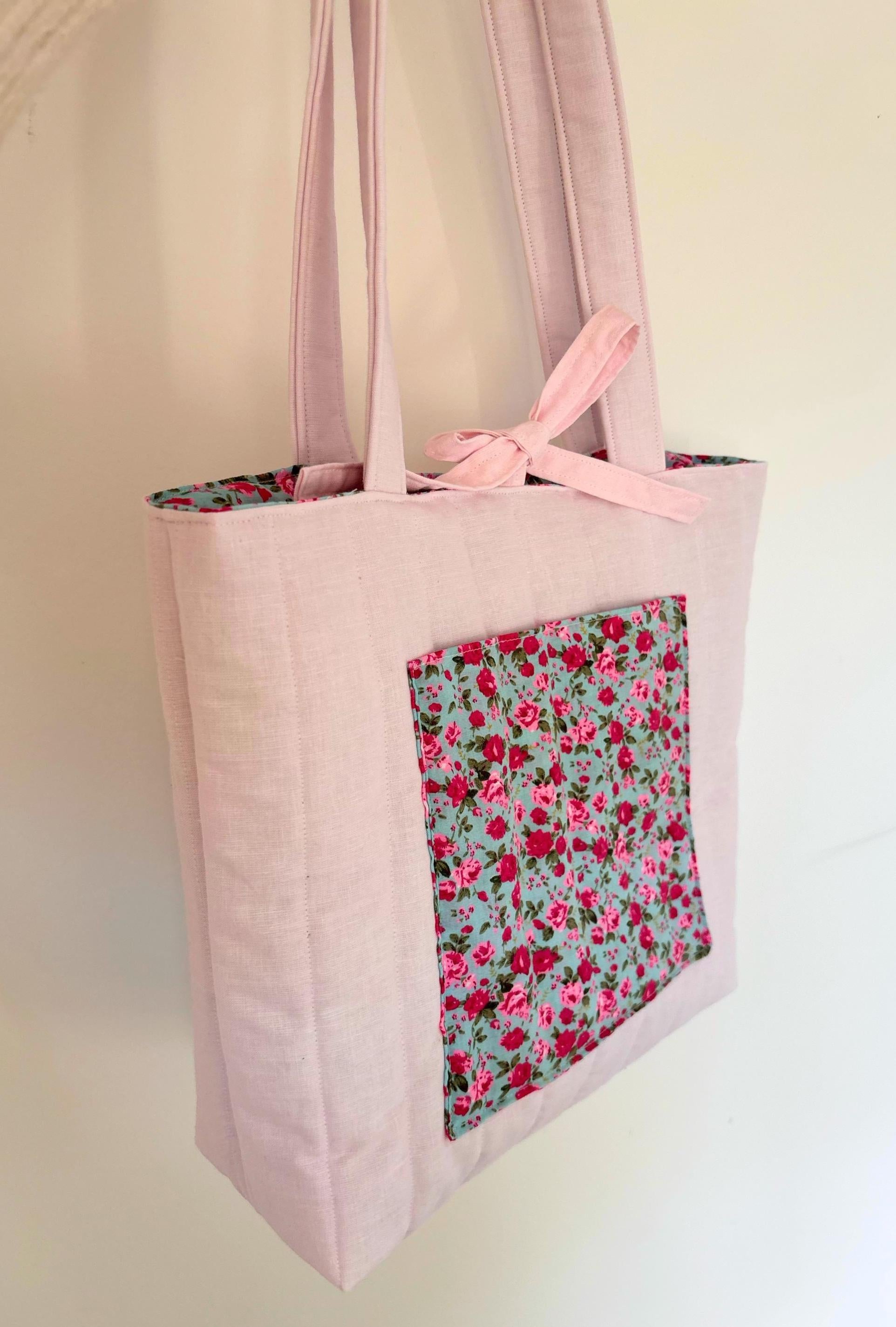 Pink floral quilted tote bag