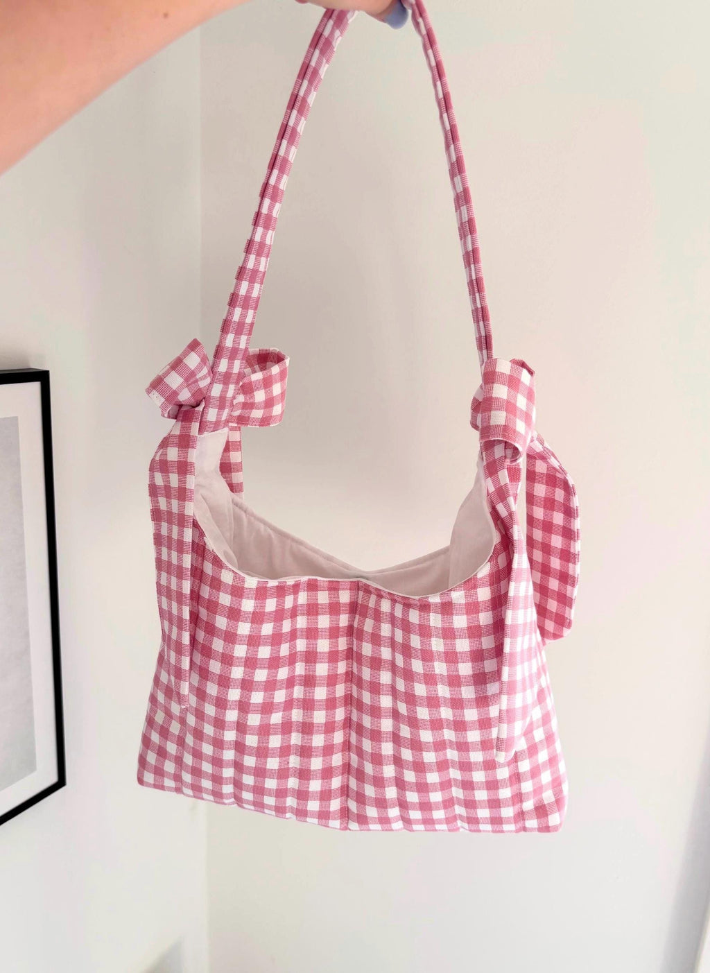 Pink gingham mini bow shoulder bag