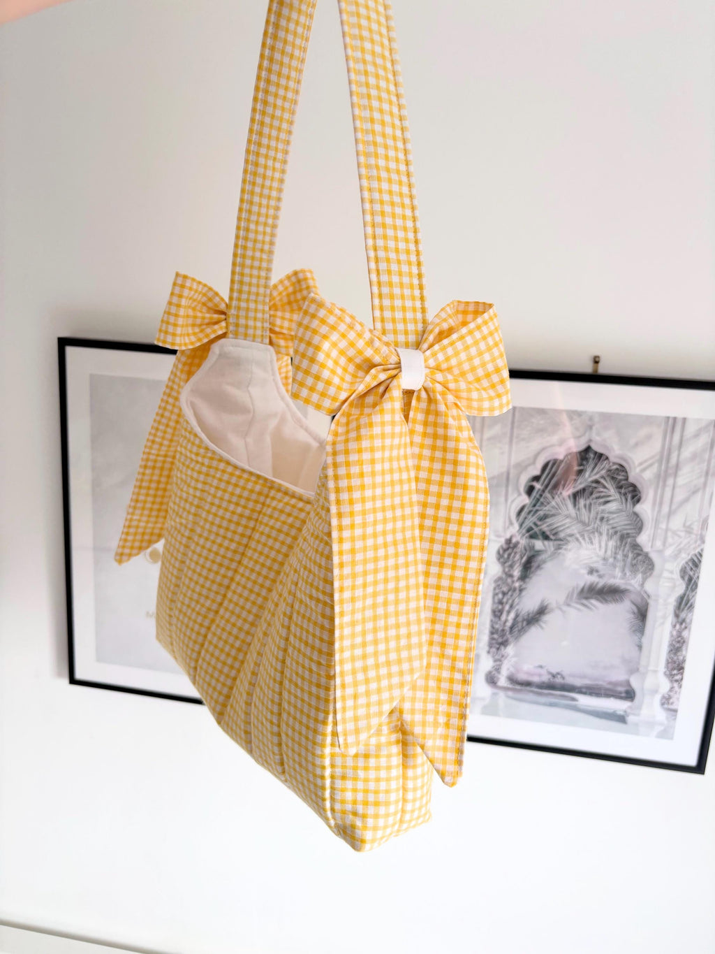 Yellow gingham mini bow shoulder bag