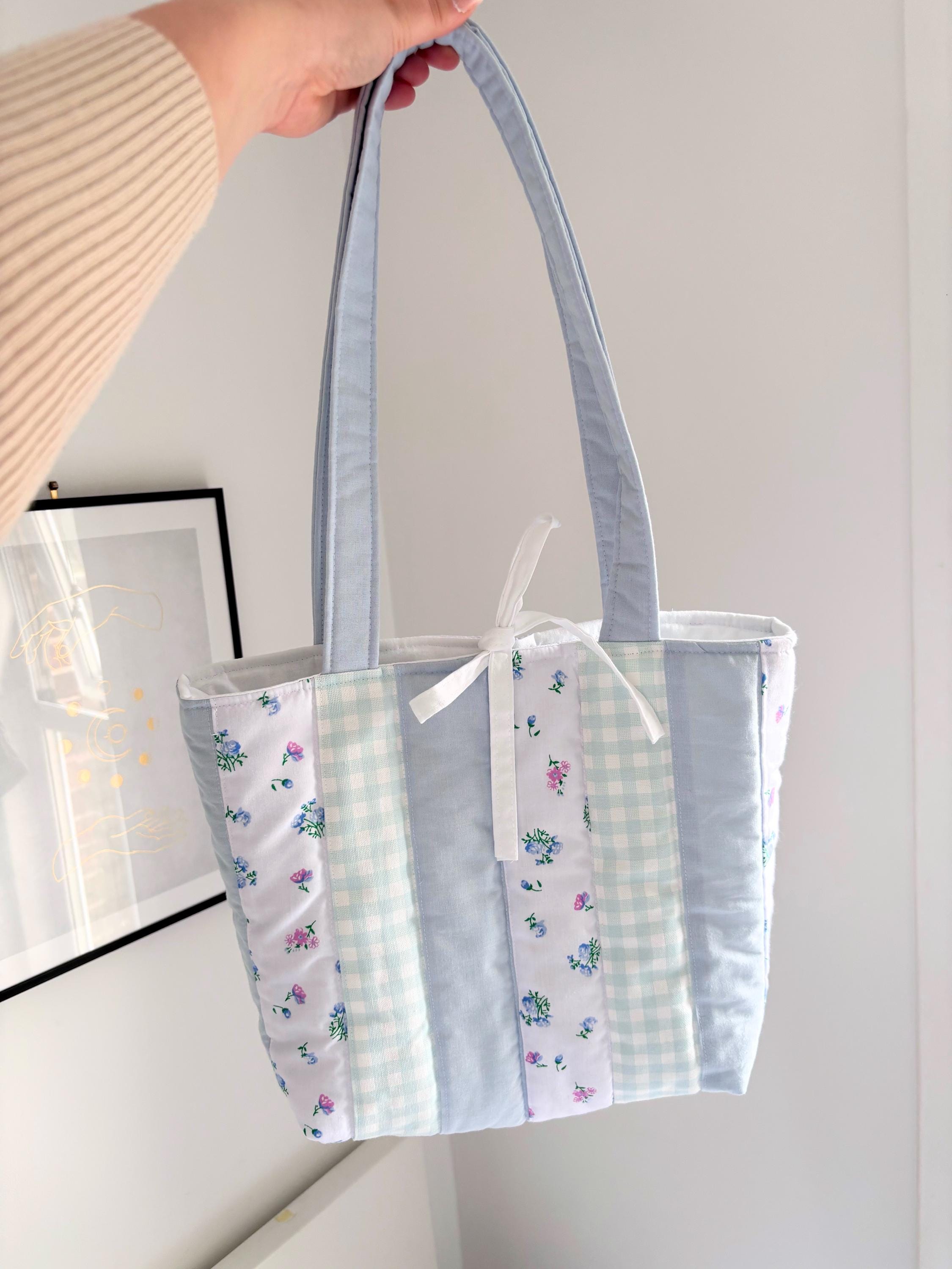 Pastel blue patchwork quilted tote bag