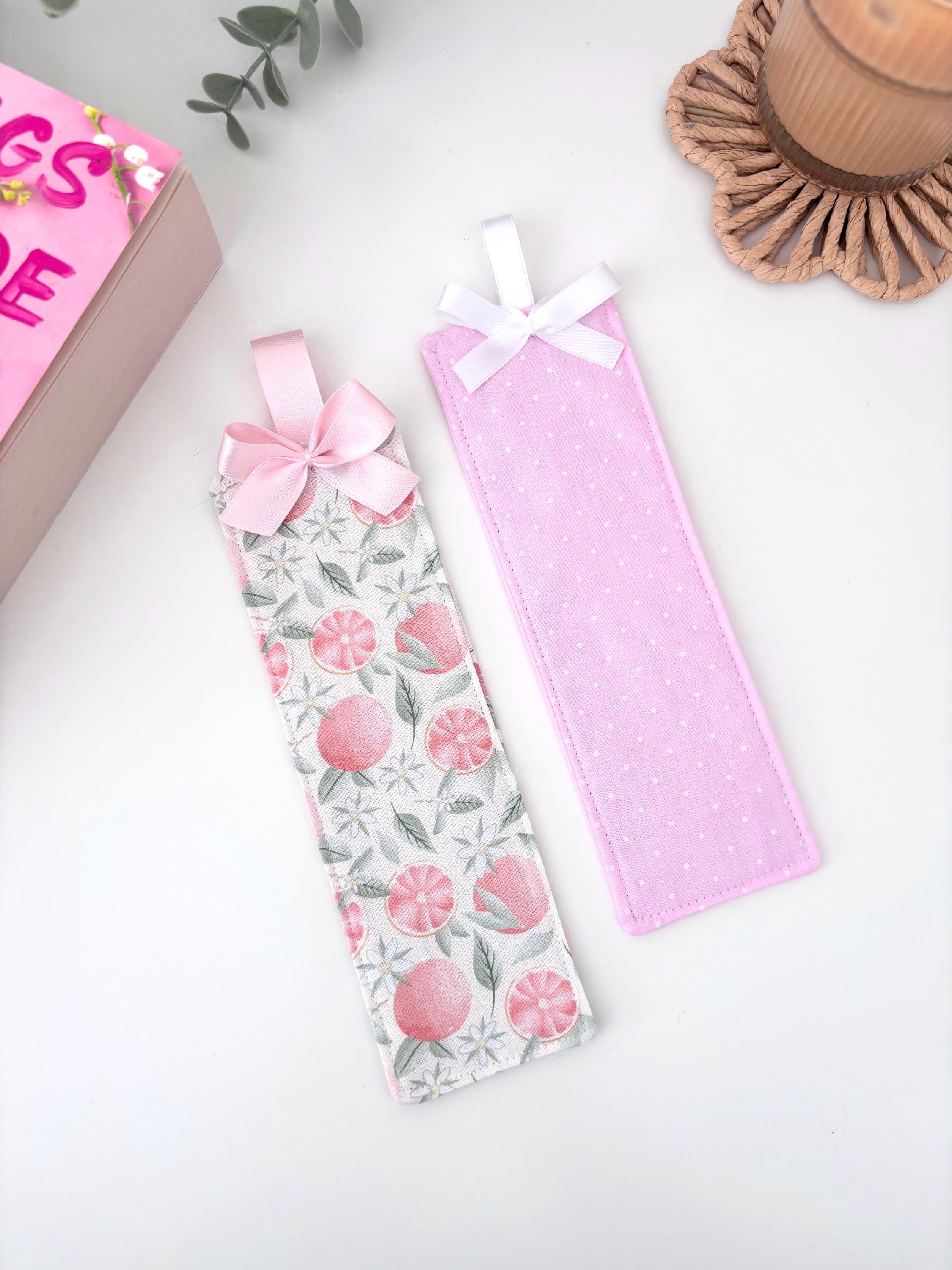 Citrus / pink polka dot fabric bookmark