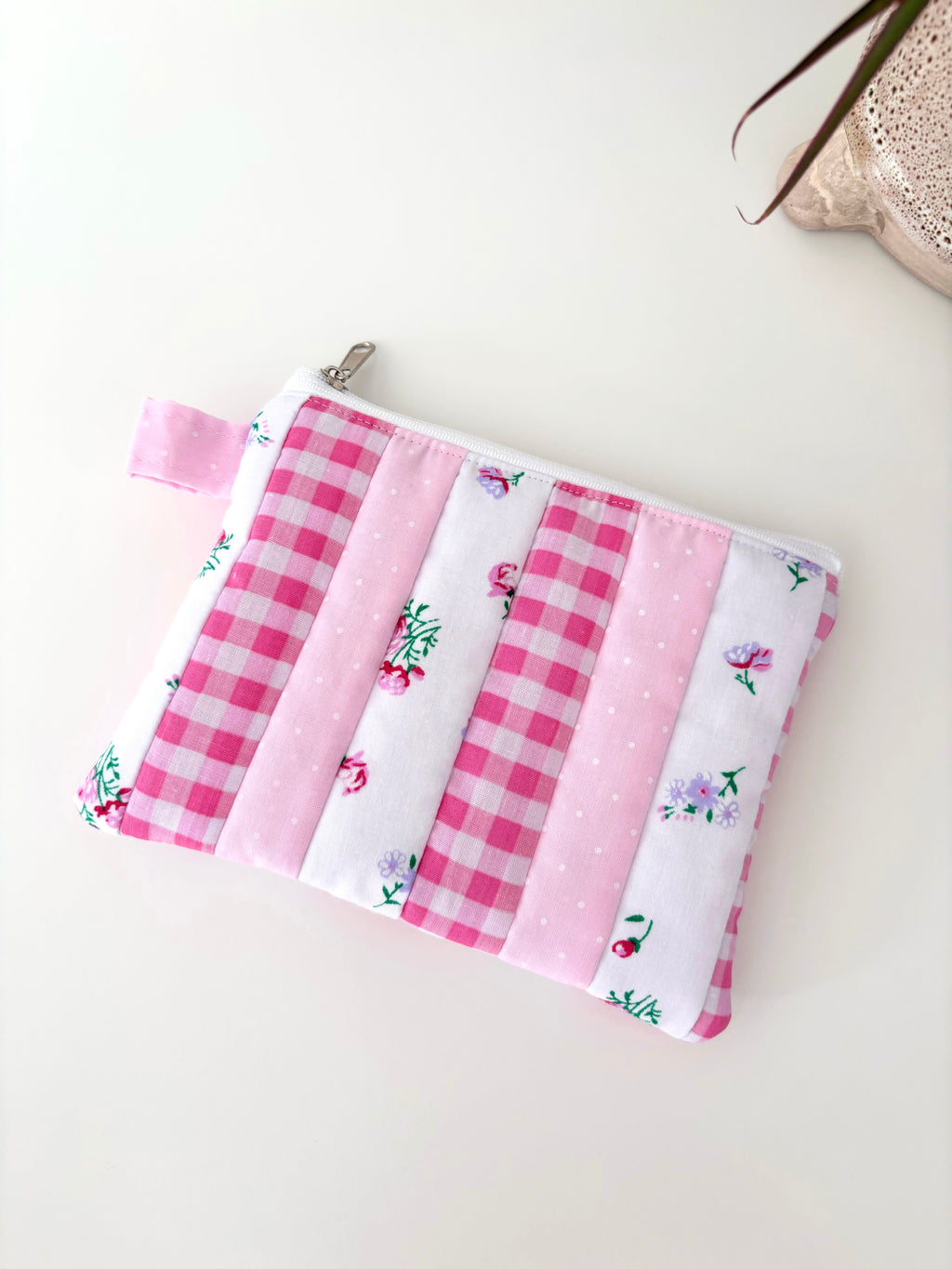 Small quilted pink patchwork pouch