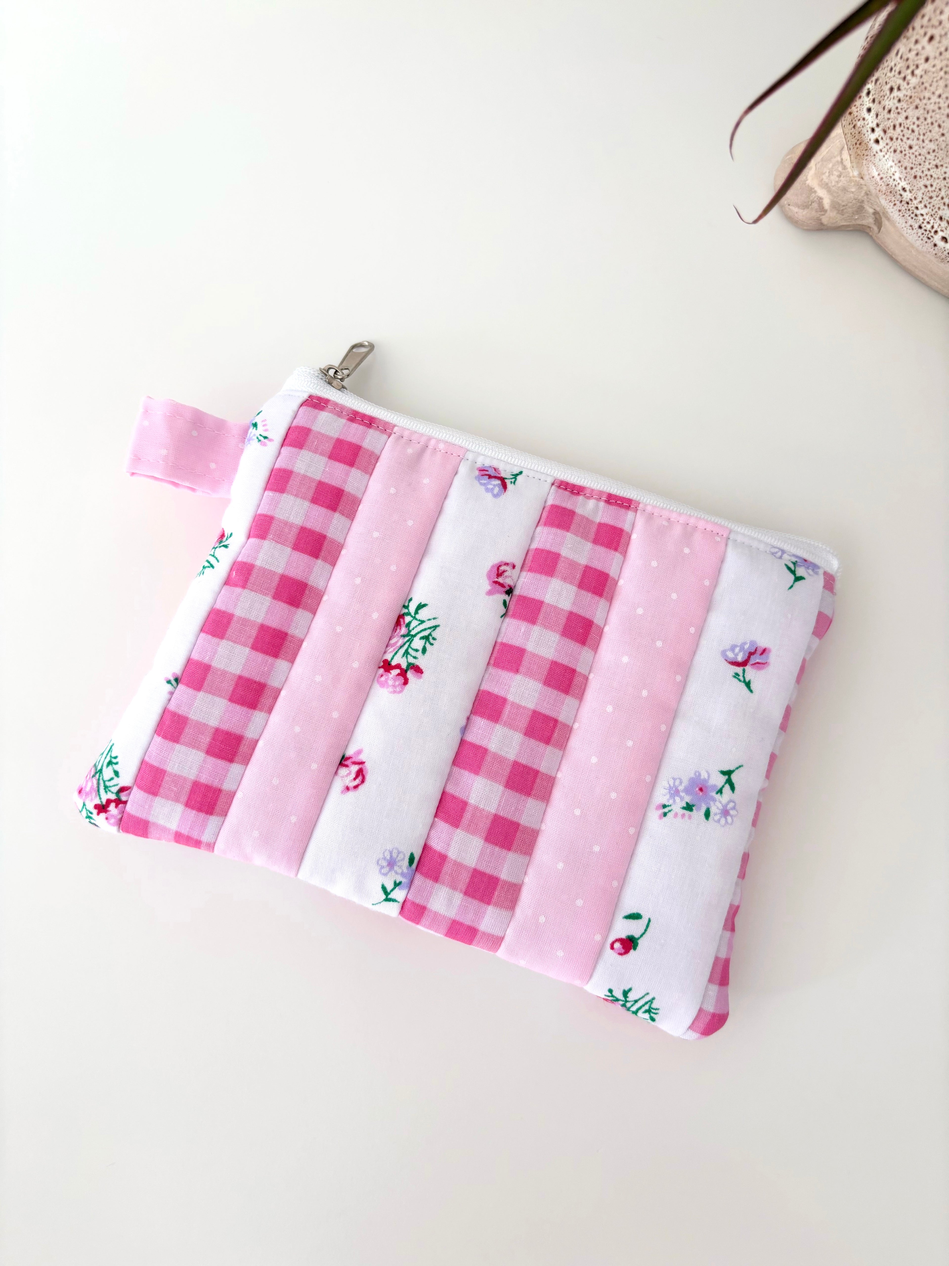 Small quilted pink patchwork pouch