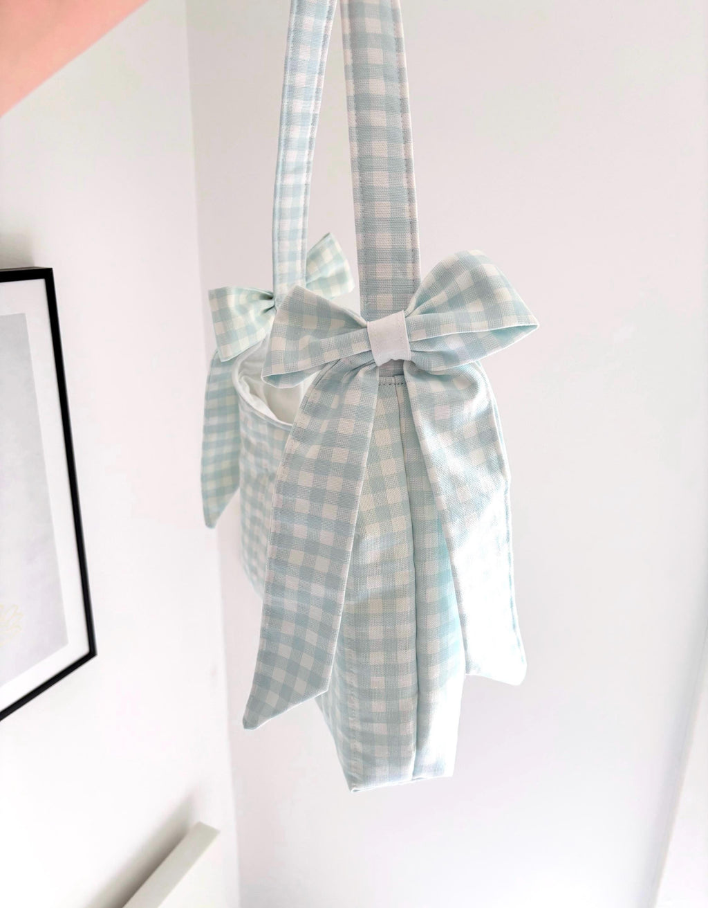 Pastel blue gingham mini bow shoulder bag