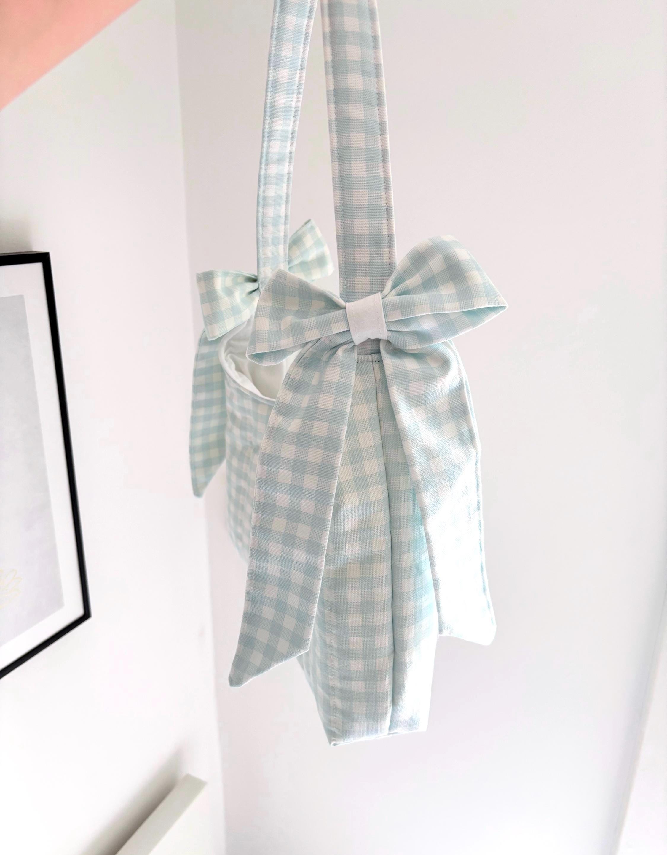 Pastel blue gingham mini bow shoulder bag
