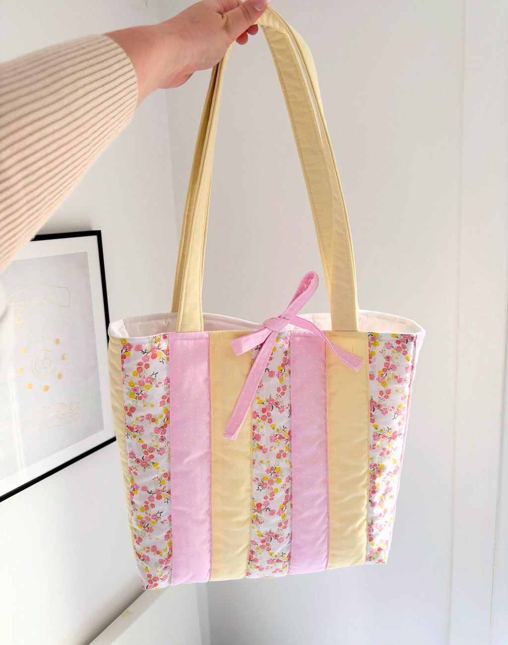 Pastel yellow and pink patchwork quilted tote bag