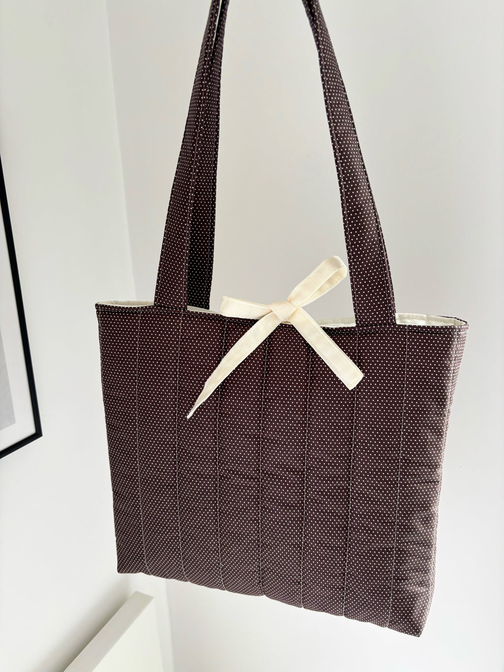 Brown mini polka dot quilted tote bag