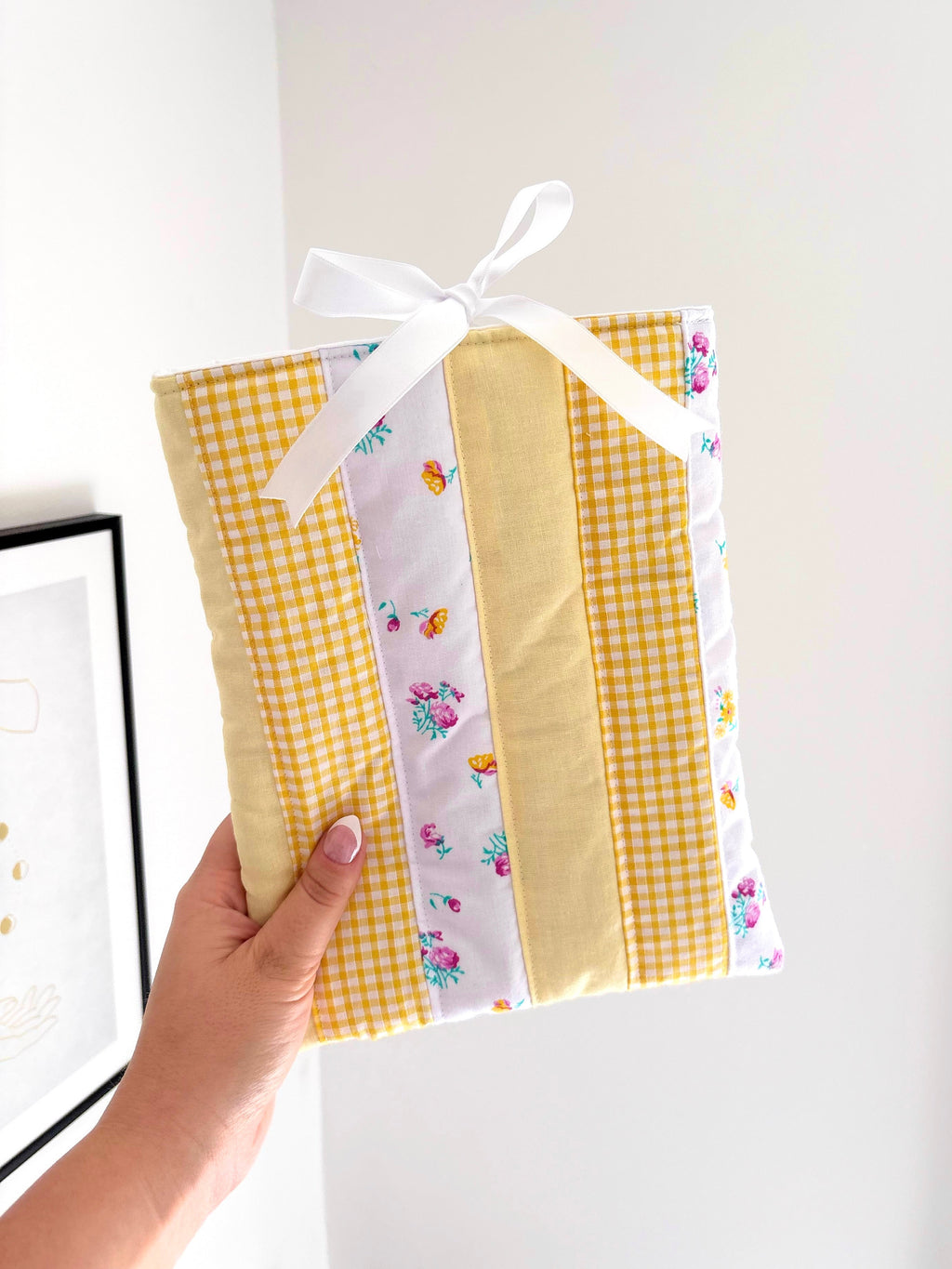 Yellow patchwork book sleeve