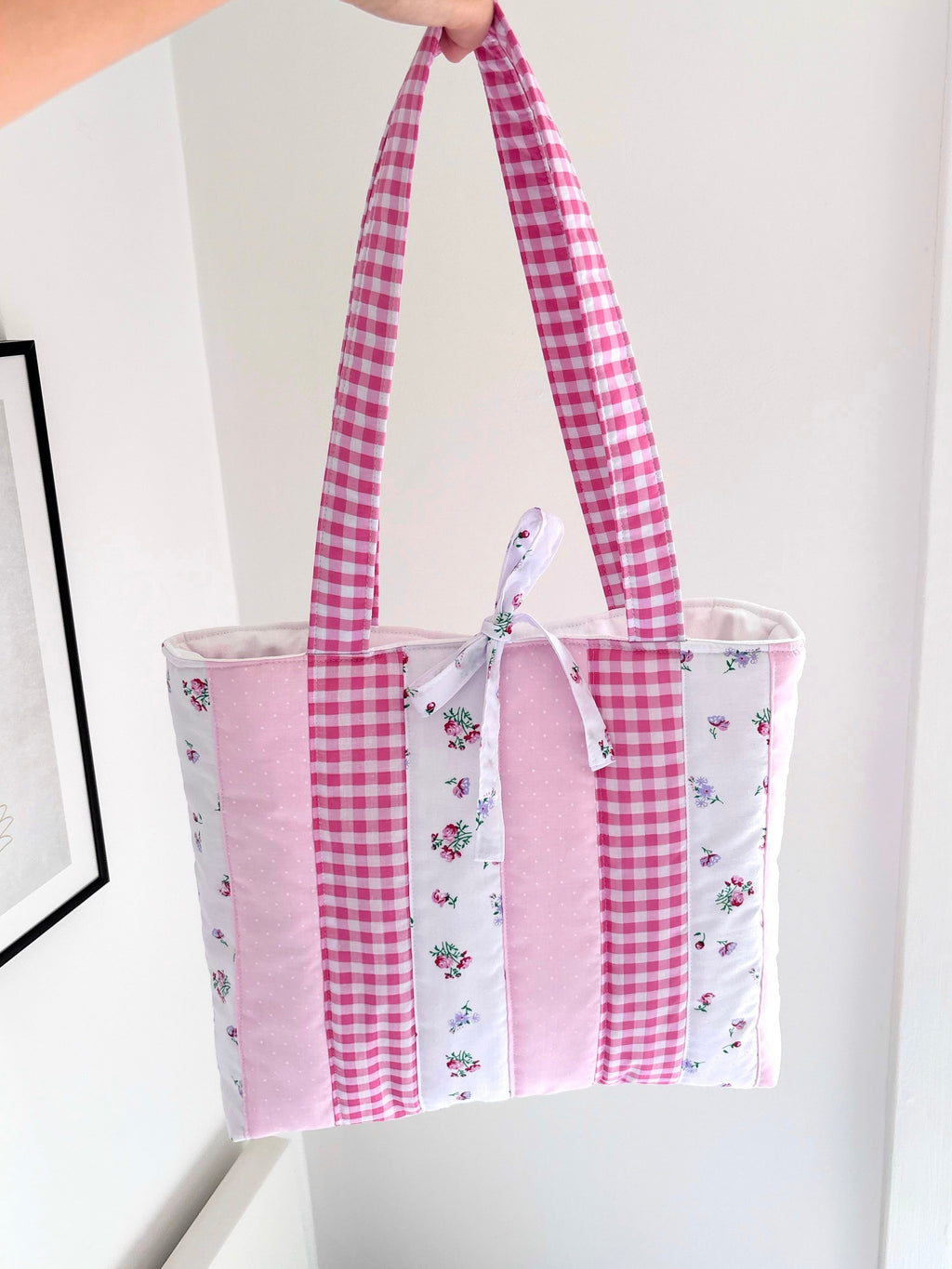 Candy pink patchwork tote bag