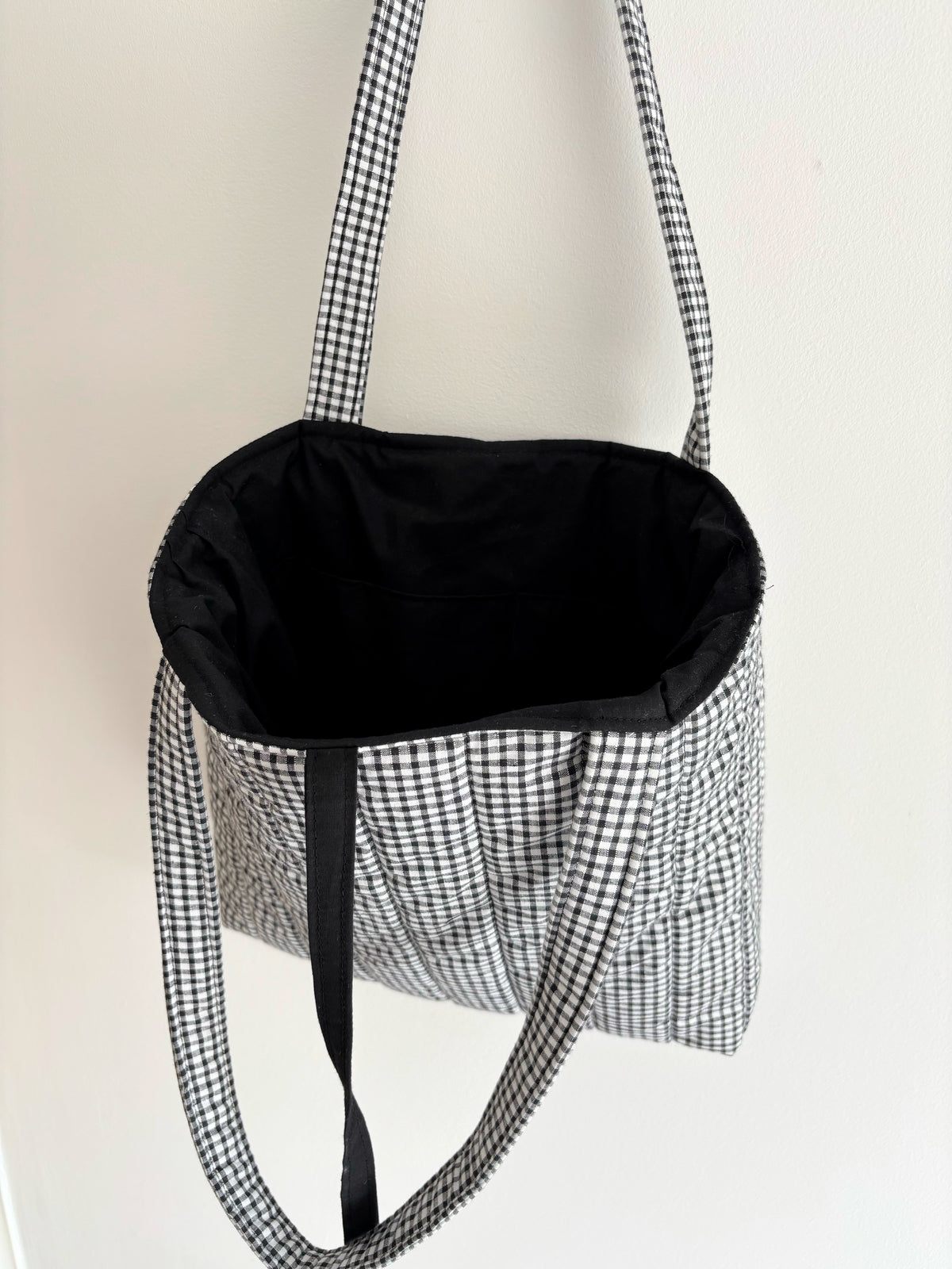 Black and white gingham quilted tote bag