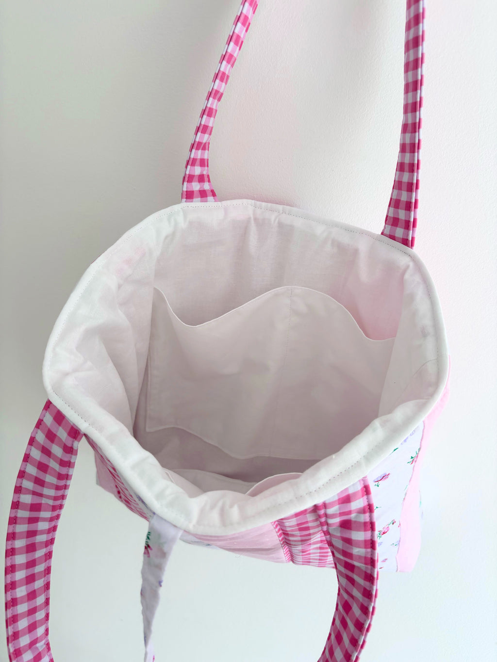 Candy pink patchwork tote bag