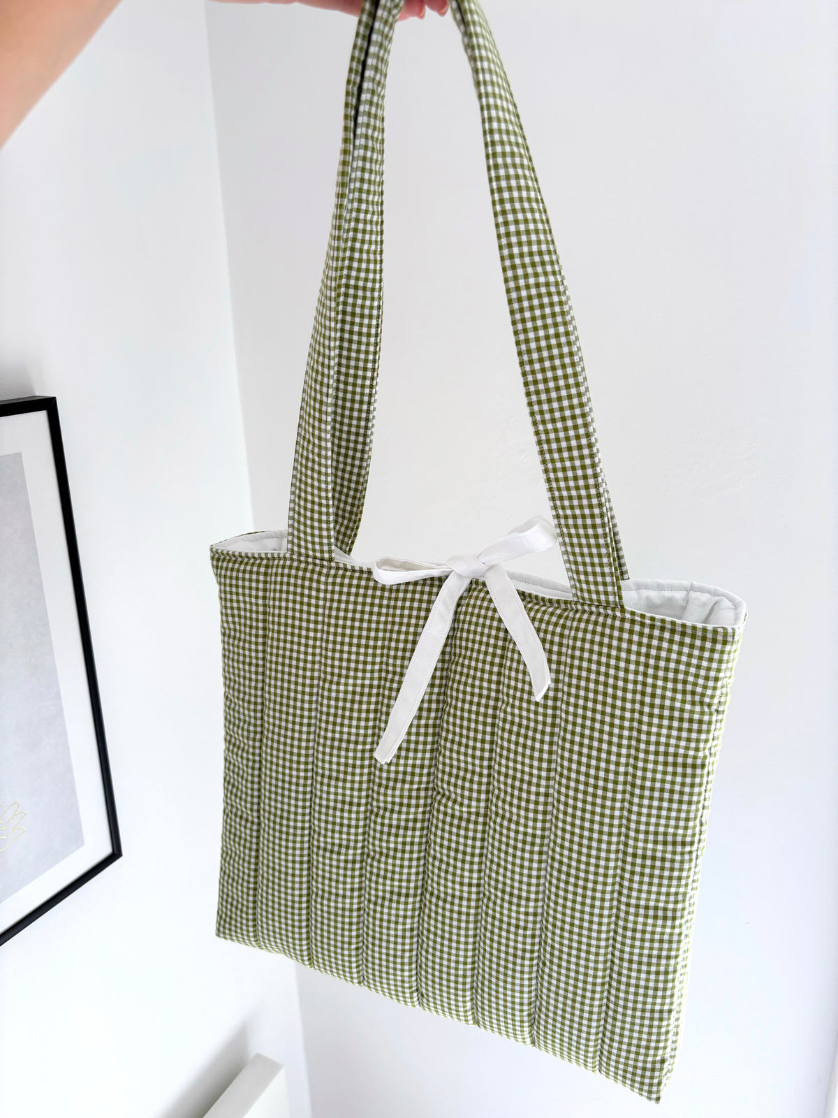 Green gingham quilted tote bag